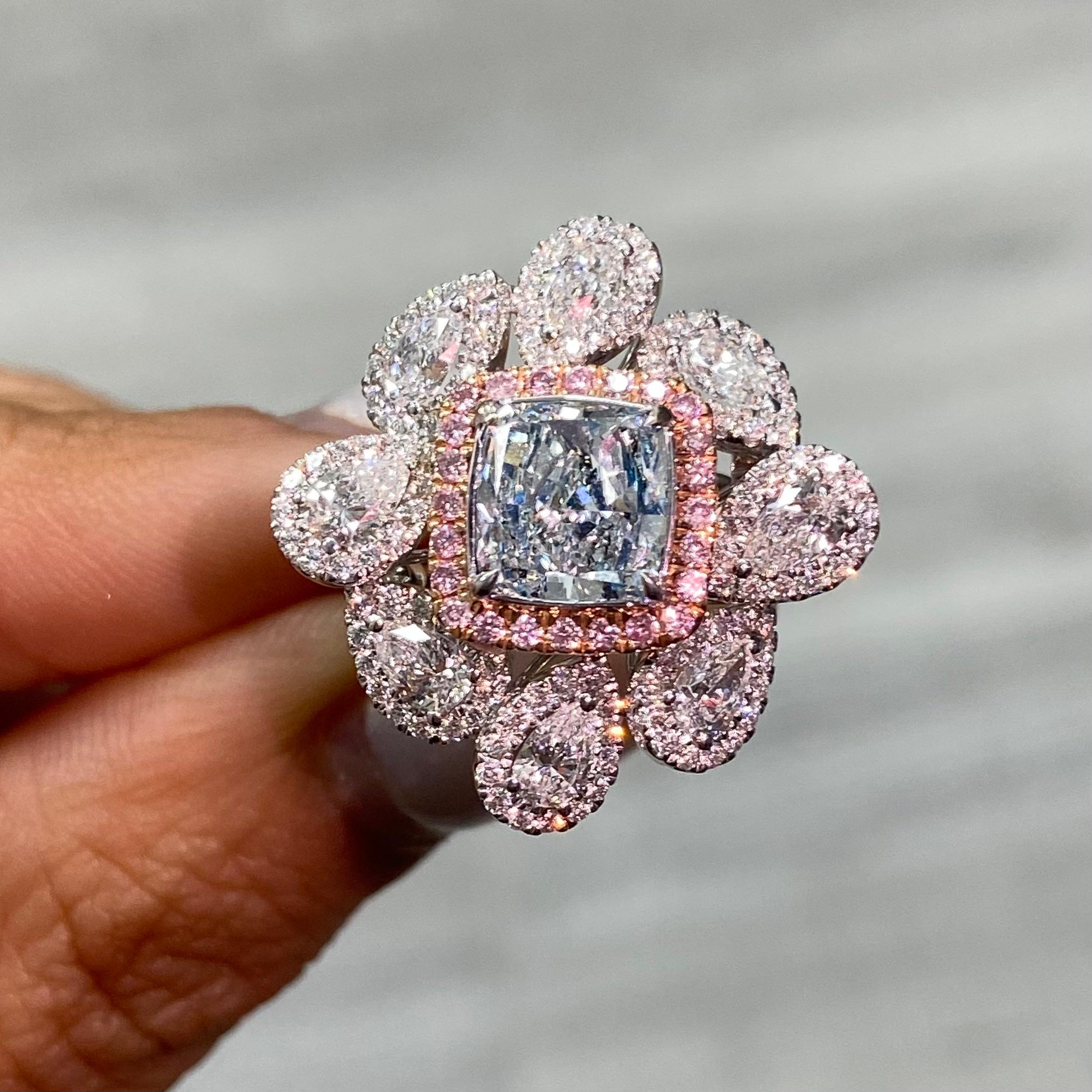 Cushion Cut Rare Colors - 1.67 Carat Bluish Green Cushion Diamond Cocktail Ring For Sale