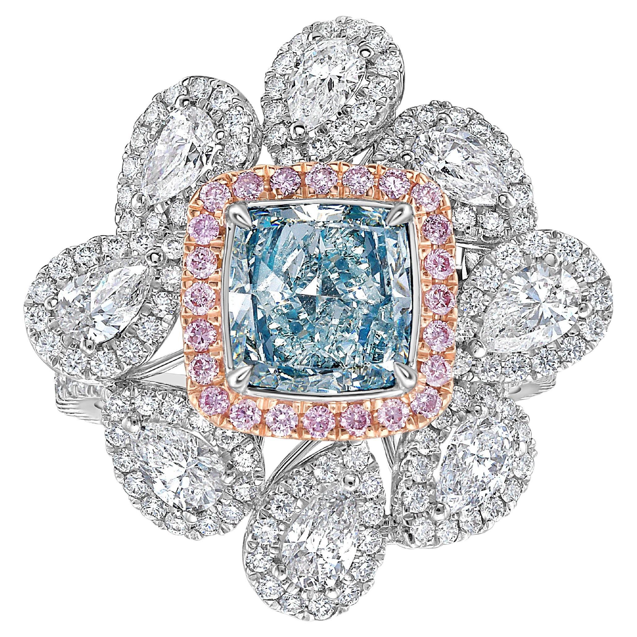 1.67 Carat Bluish Green Cushion Diamond Cocktail Ring