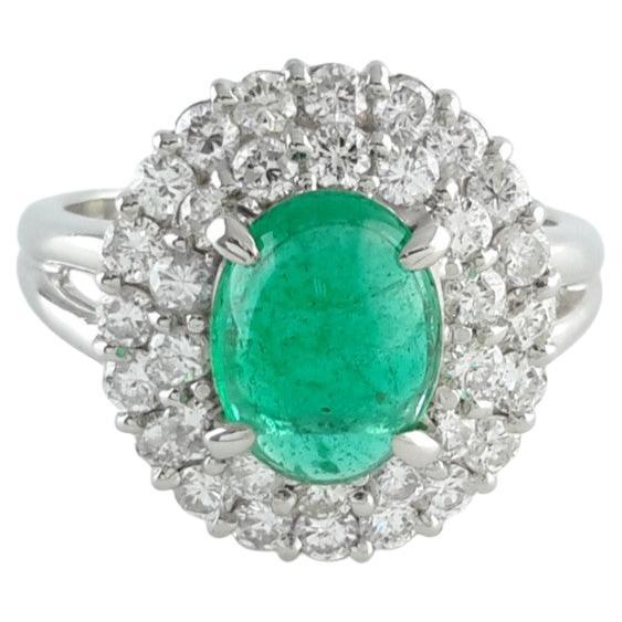 1.67 carat Cabochon Emerald double halo ring For Sale