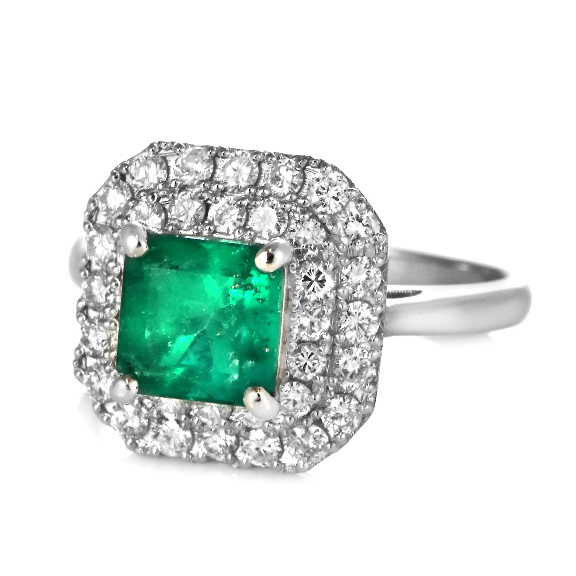 Emerald Cut 1.67 Carat Colombian, Muzo-Green Emerald and Diamond Ring Made in Platinum For Sale