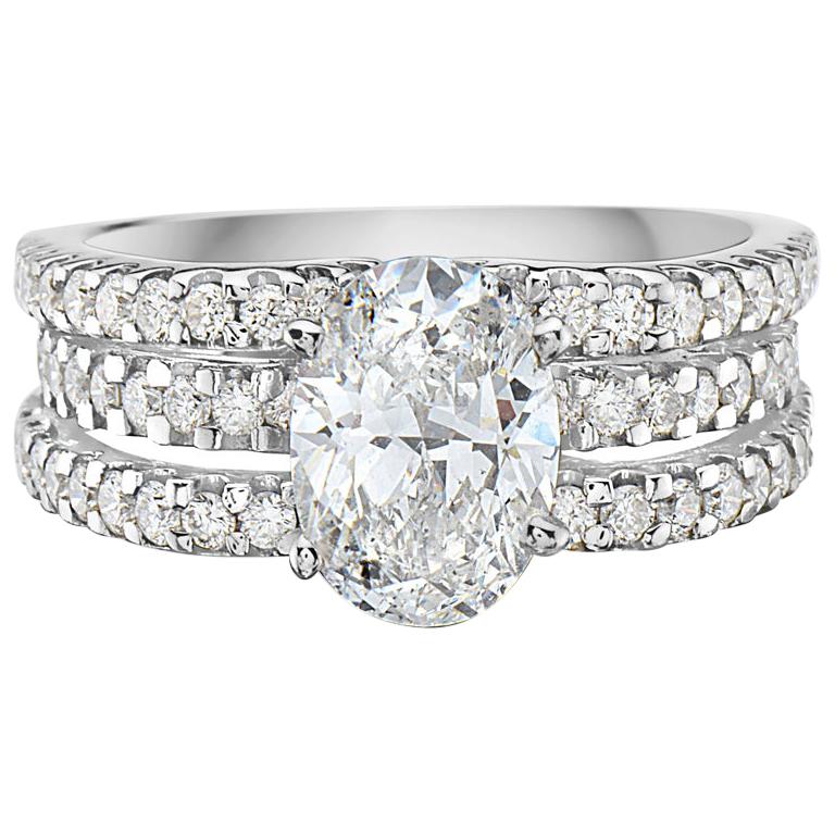 1.67 Carat Diamond 3-Row Cathedral Setting Oval Engagement Ring