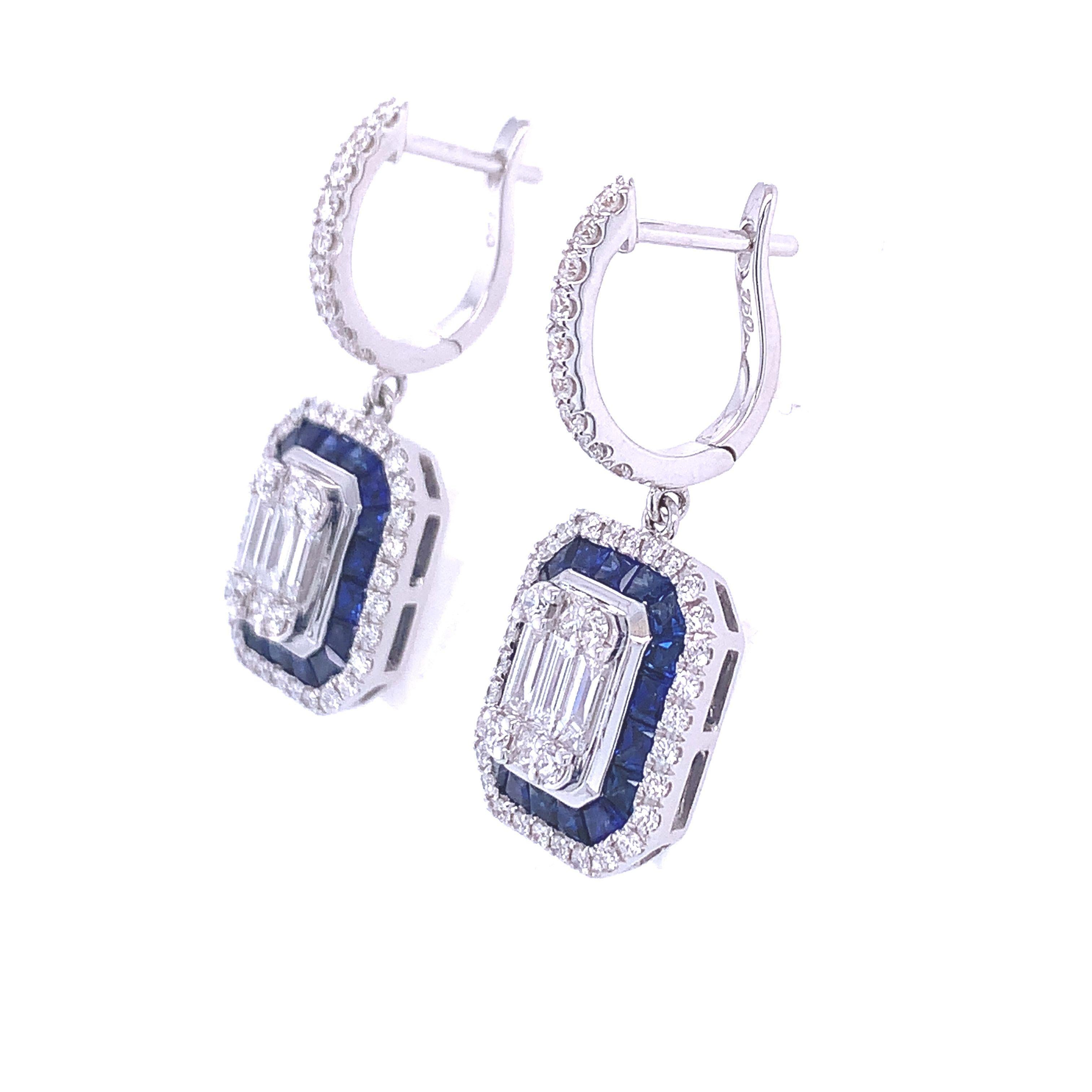 Contemporary 1.67 Carat Emerald Cut Sapphire and Diamond Halo Drop Earrings For Sale