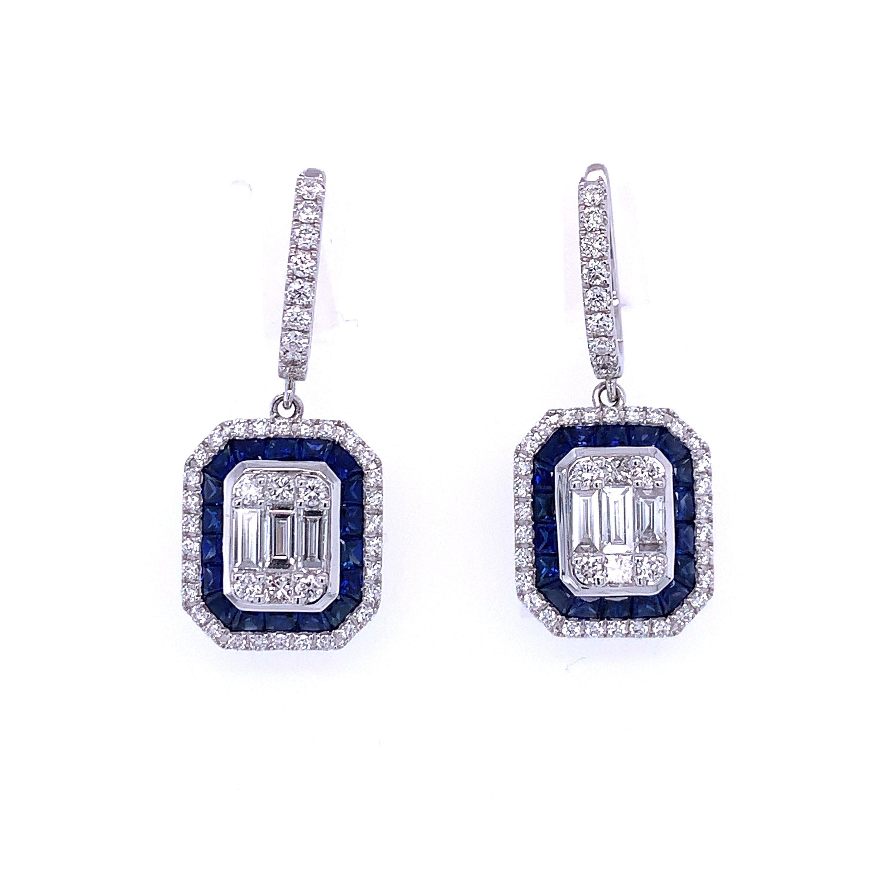 Women's or Men's 1.67 Carat Emerald Cut Sapphire and Diamond Halo Drop Earrings For Sale