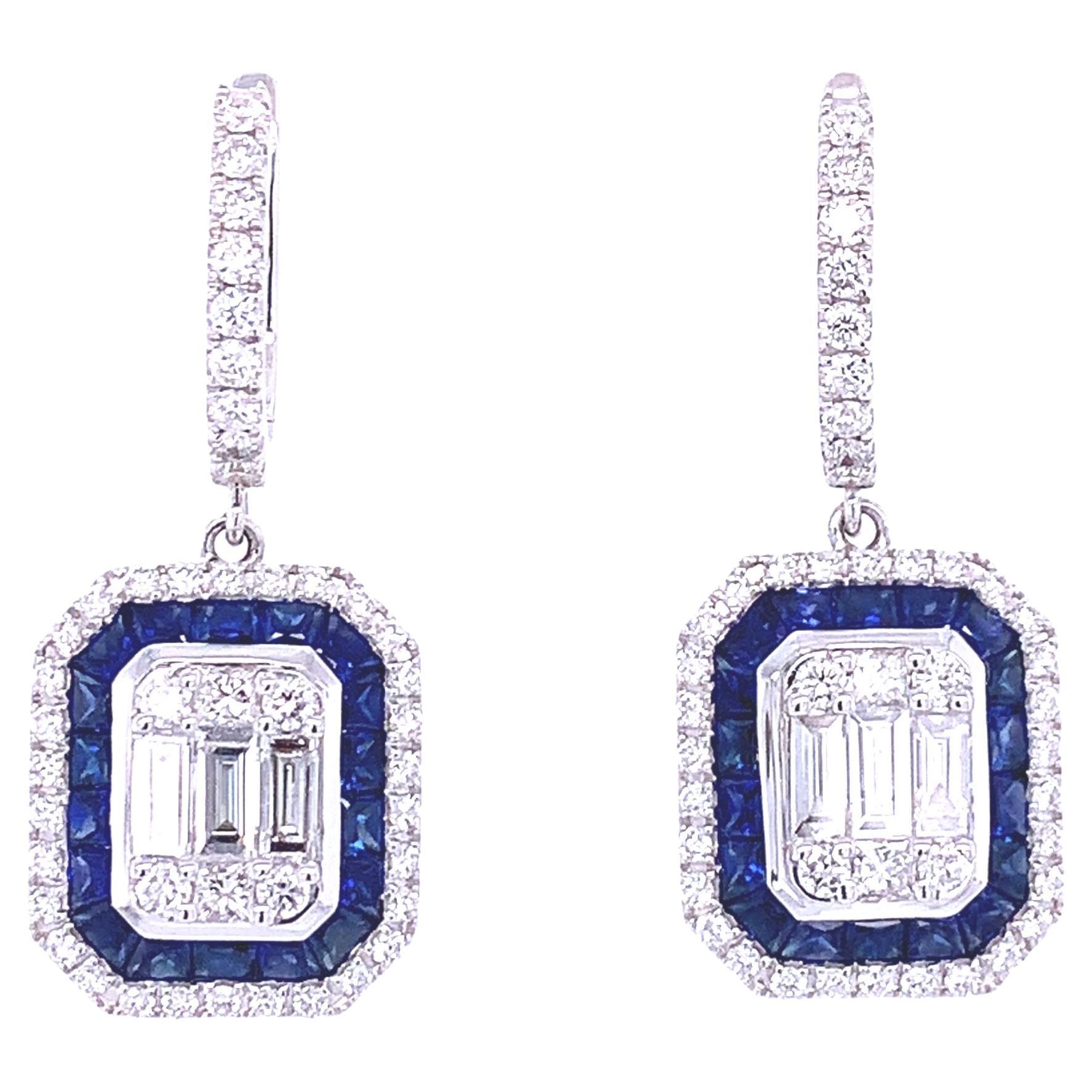 1.67 Carat Emerald Cut Sapphire and Diamond Halo Drop Earrings For Sale