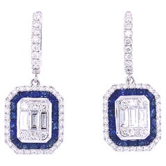1.67 Carat Emerald Cut Sapphire and Diamond Halo Drop Earrings