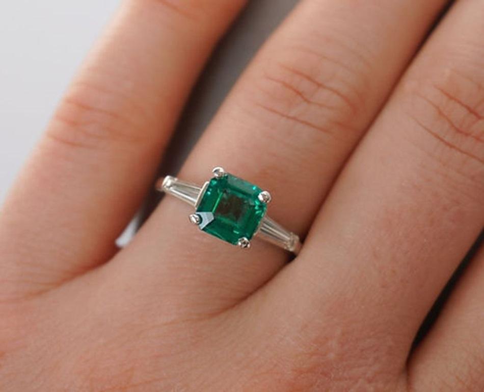 Emerald Cut 1.67 Carat Emerald EC Three Stone Ring For Sale