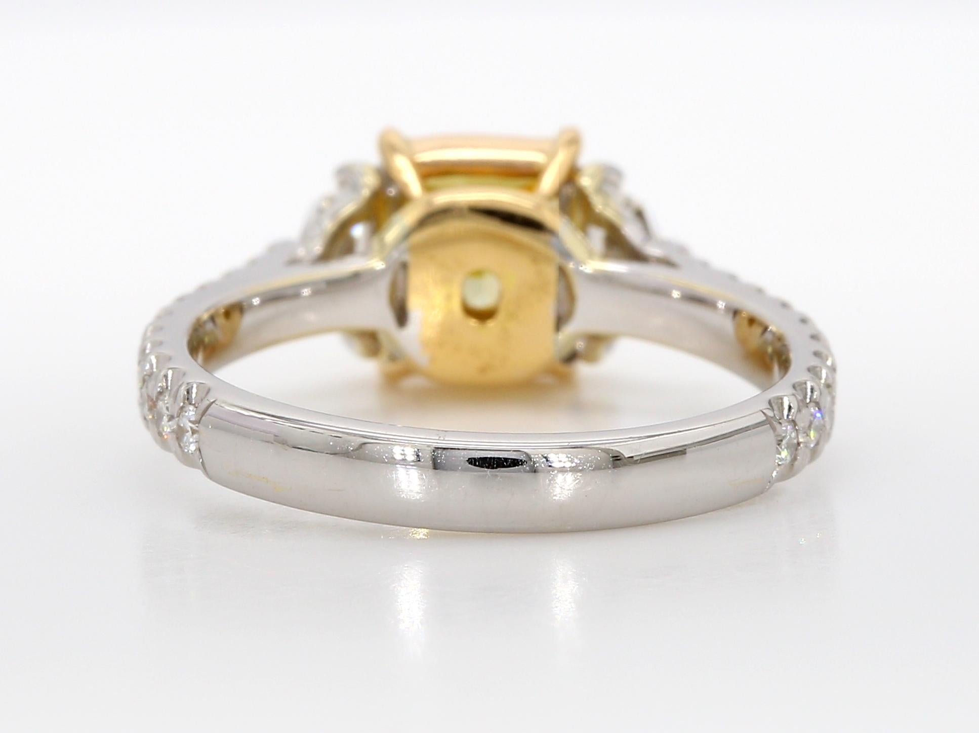 Cushion Cut 1.67 Carat Fancy Intense Yellow Diamond Three-Stone Engagement Ring, GIA Cert. For Sale
