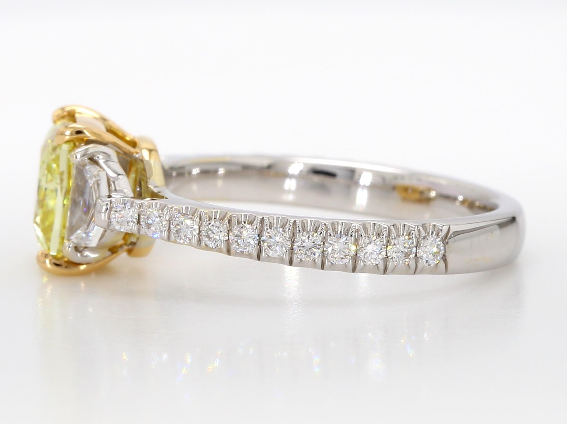 Women's 1.67 Carat Fancy Intense Yellow Diamond Three-Stone Engagement Ring, GIA Cert. For Sale