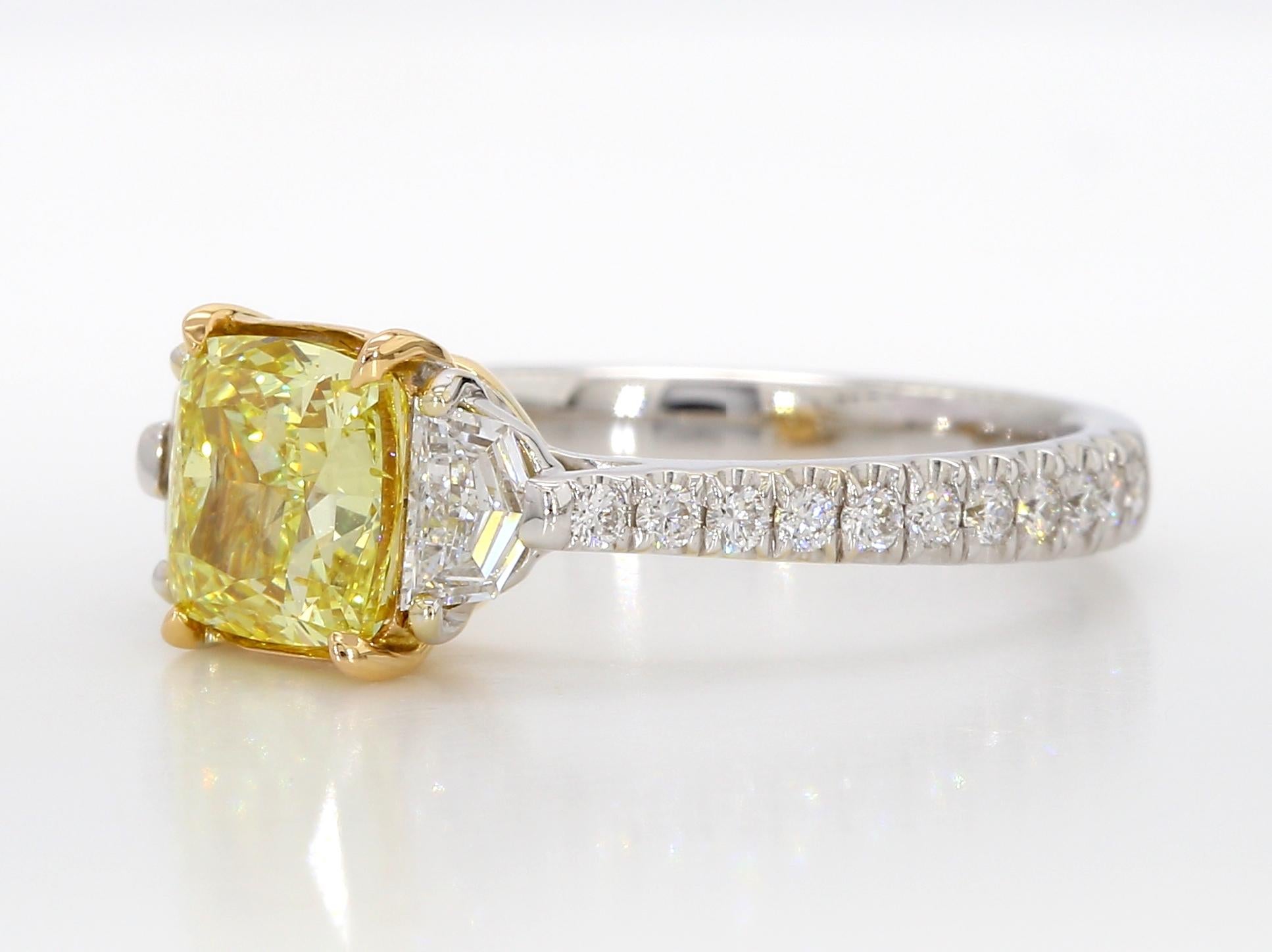 1.67 Carat Fancy Intense Yellow Diamond Three-Stone Engagement Ring, GIA Cert. For Sale 1