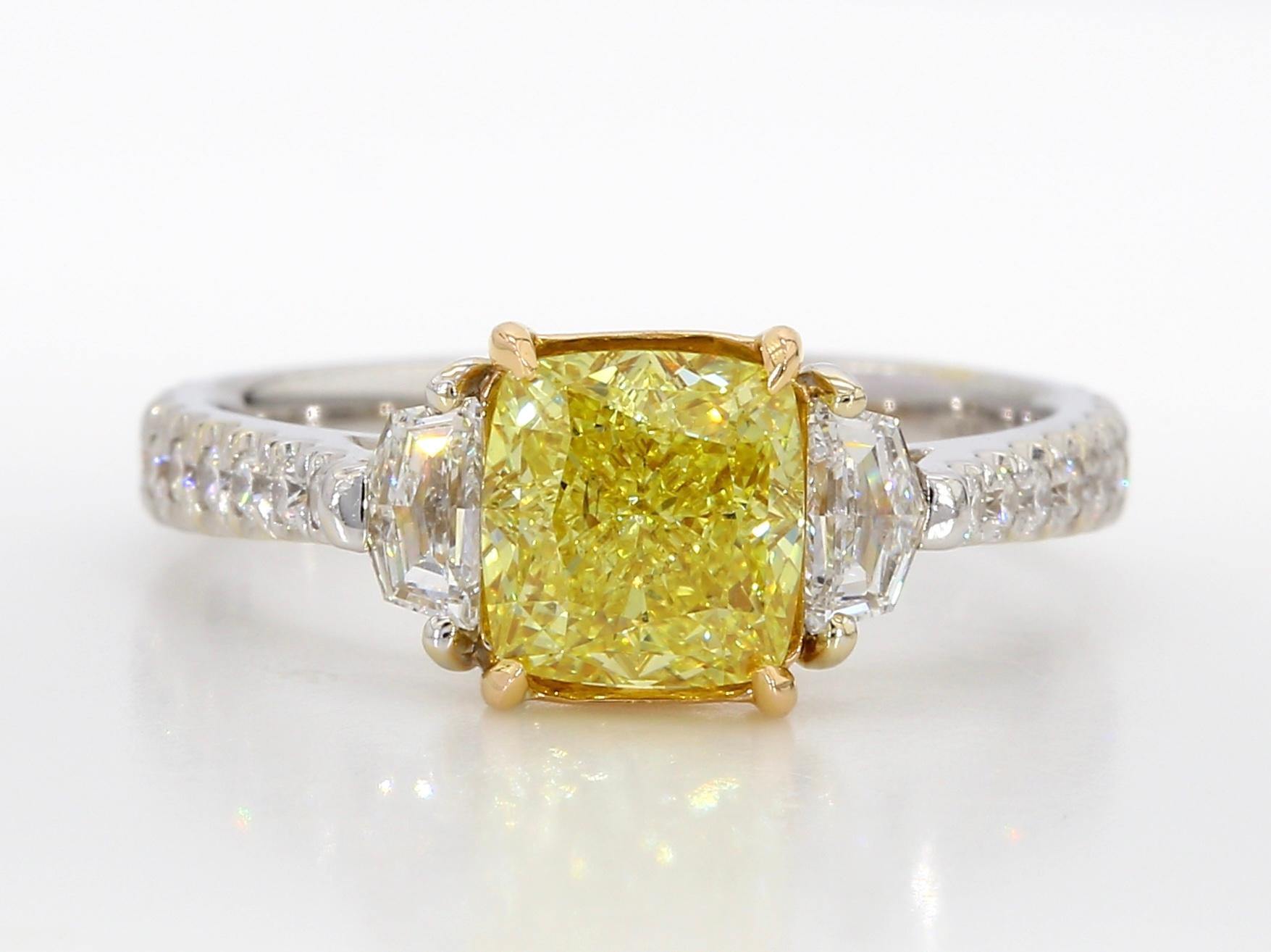 1.67 Carat Fancy Intense Yellow Diamond Three-Stone Engagement Ring, GIA Cert. For Sale 2
