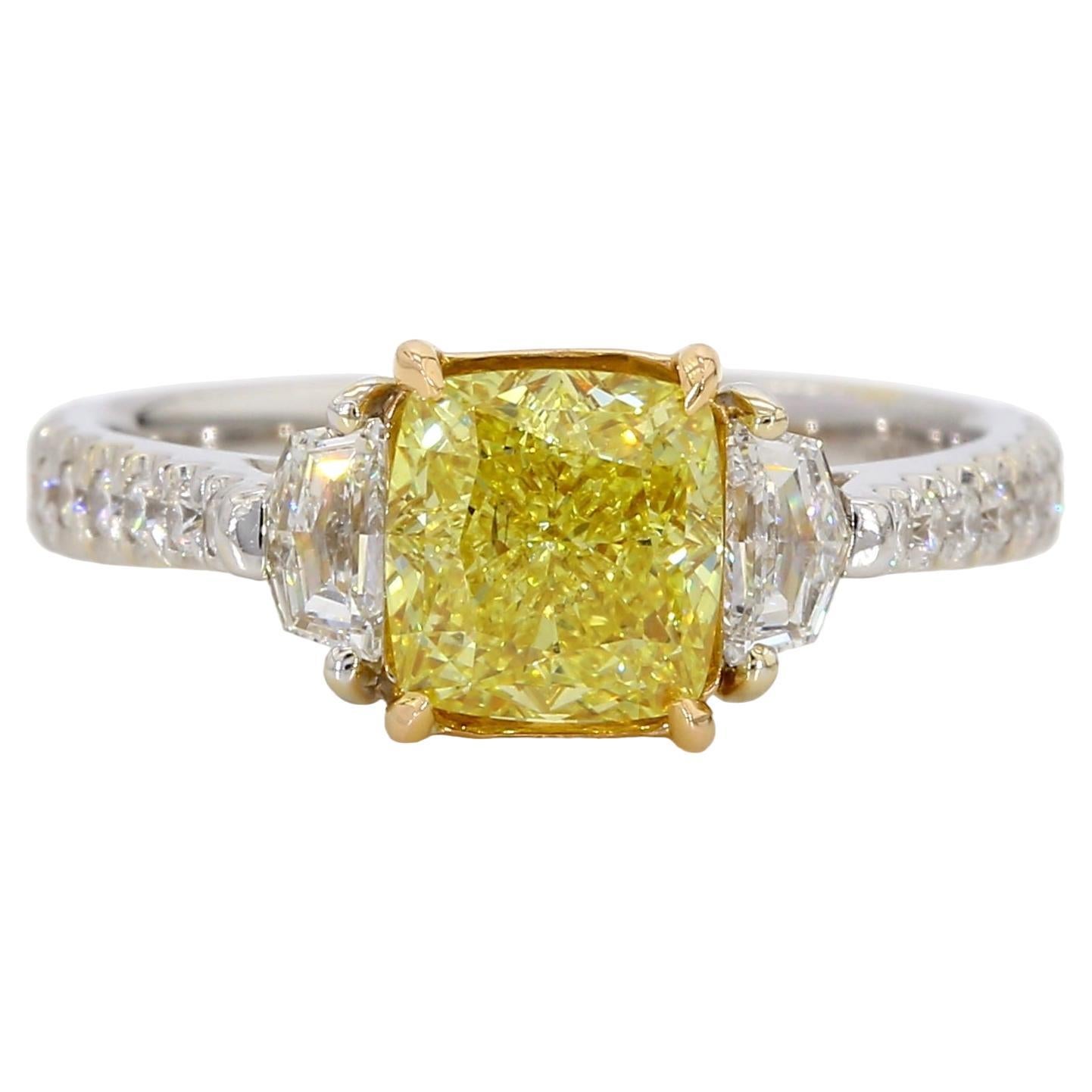 1.67 Carat Fancy Intense Yellow Diamond Three-Stone Engagement Ring, GIA Cert.