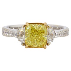 1,67 carat Fancy Intense Yellow Diamond Three-Stone Engagement Ring, GIA Cert.