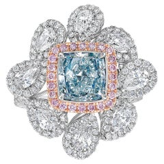 1.67 Carat GIA Bluish Green Cushion Diamond Cocktail Ring - Rare Colors Jewelry