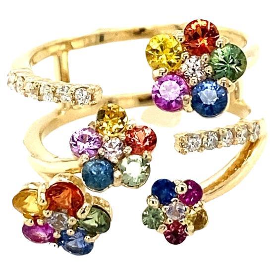 1.67 Carat Natural Multi Color Sapphire Diamond Yellow Gold Cocktail Ring For Sale