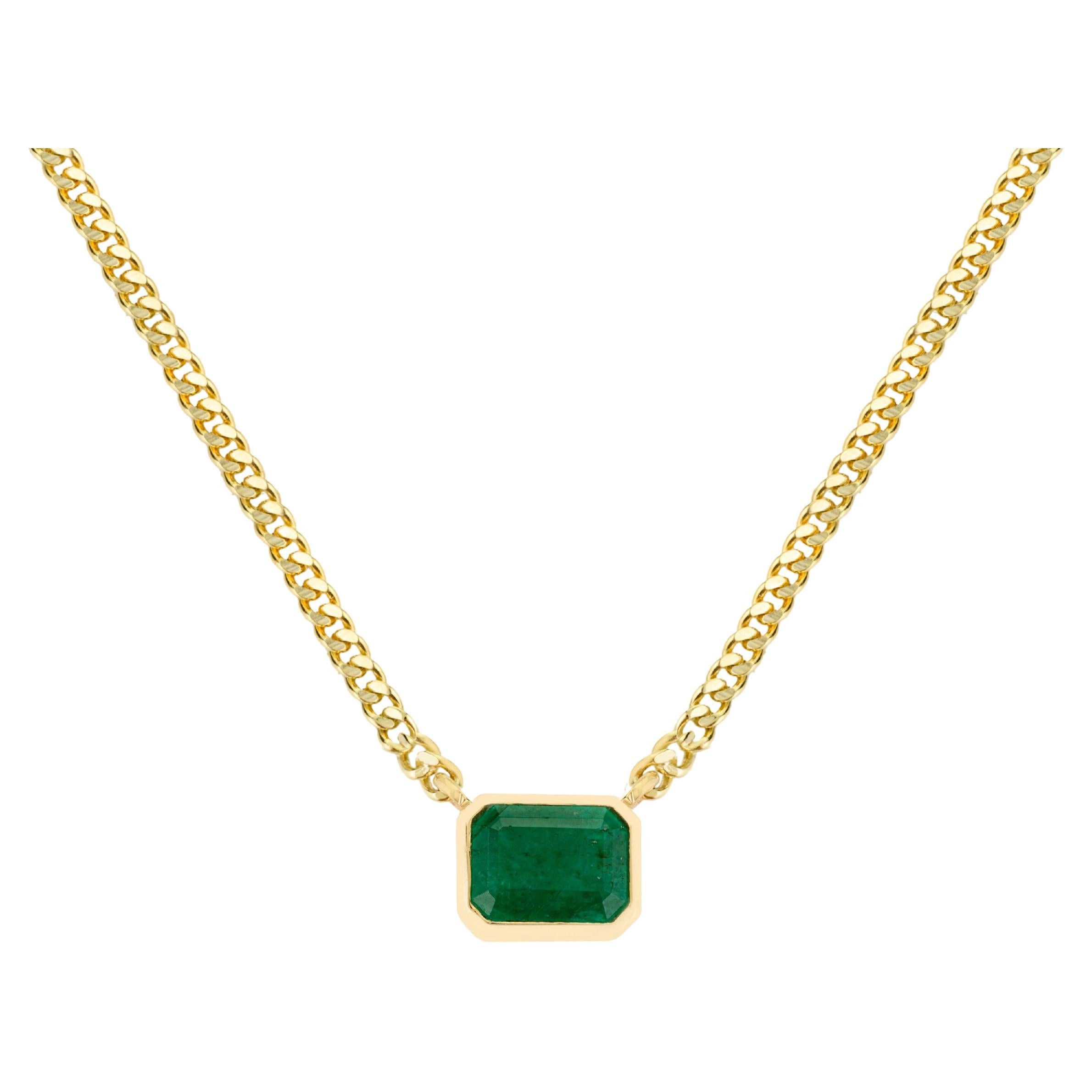 1,67 Karat Oktagon Smaragd Solitär Kette Halskette in Lünette gesetzt 14k Gelbgold im Angebot
