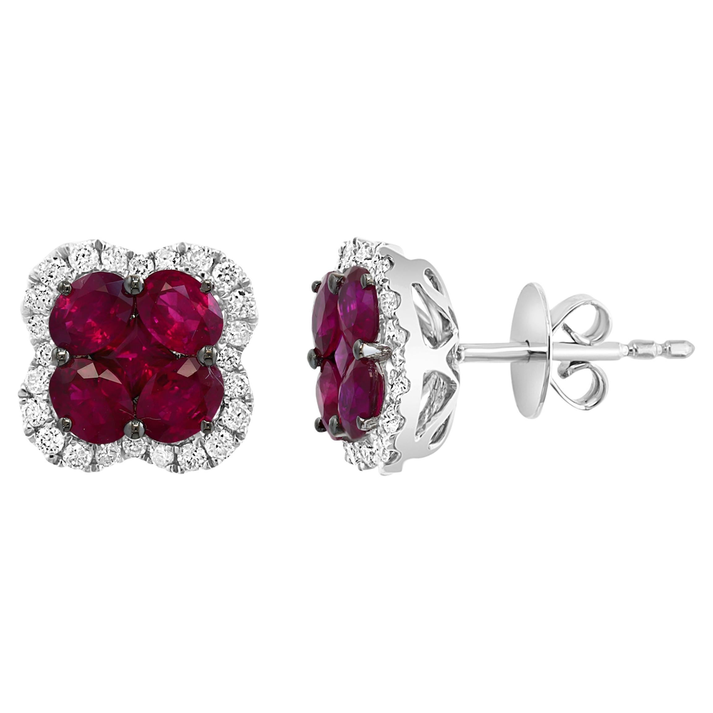 1.67 Carat Oval cut Ruby and Diamond Stud Earrings in 18K White Gold