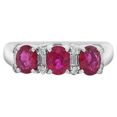 1.67 Carat Oval Cut Ruby and Diamond Three-Stone Band Ring