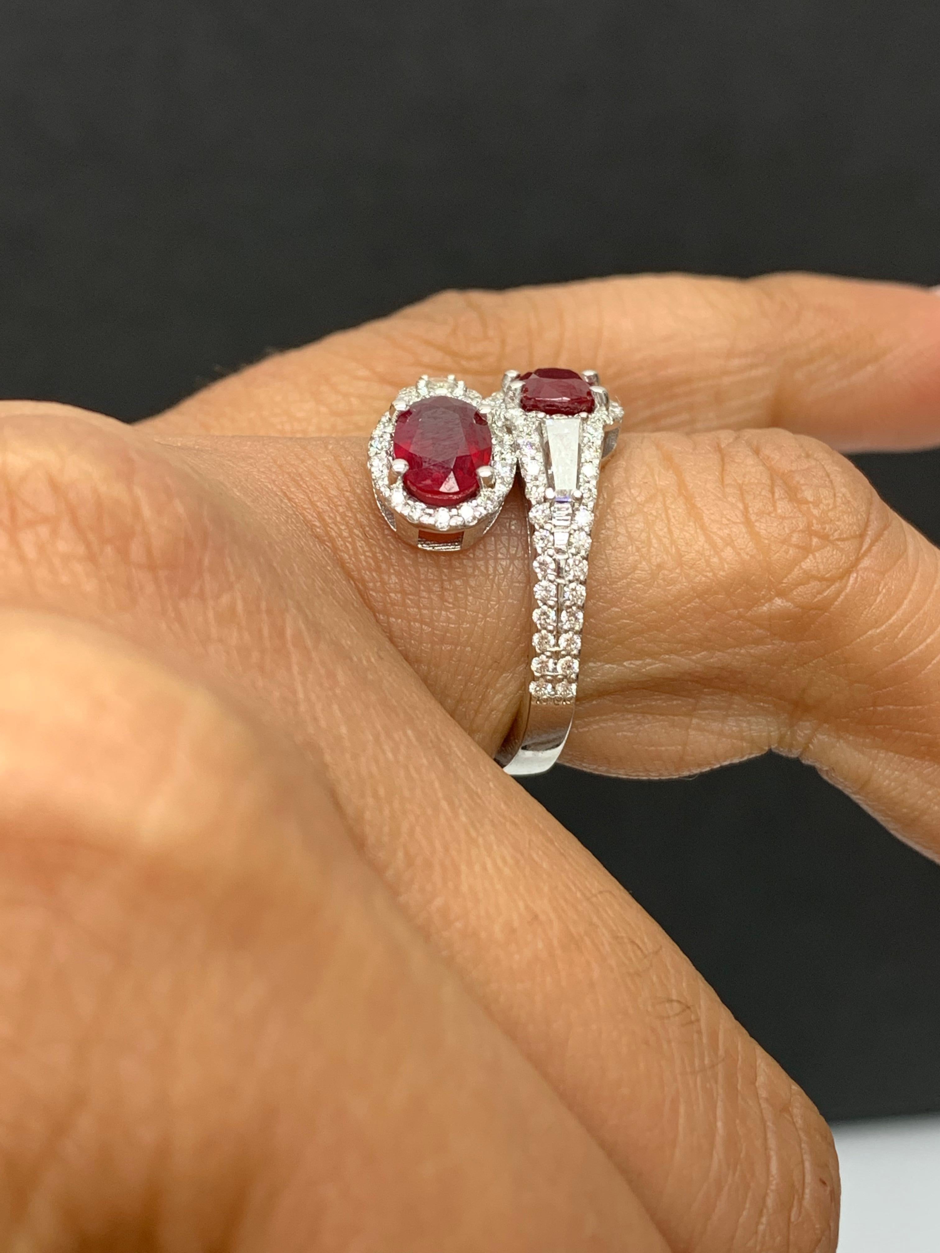 1.67 Carat Oval Cut Ruby Diamond Toi Et Moi Engagement Ring 14K White Gold For Sale 2