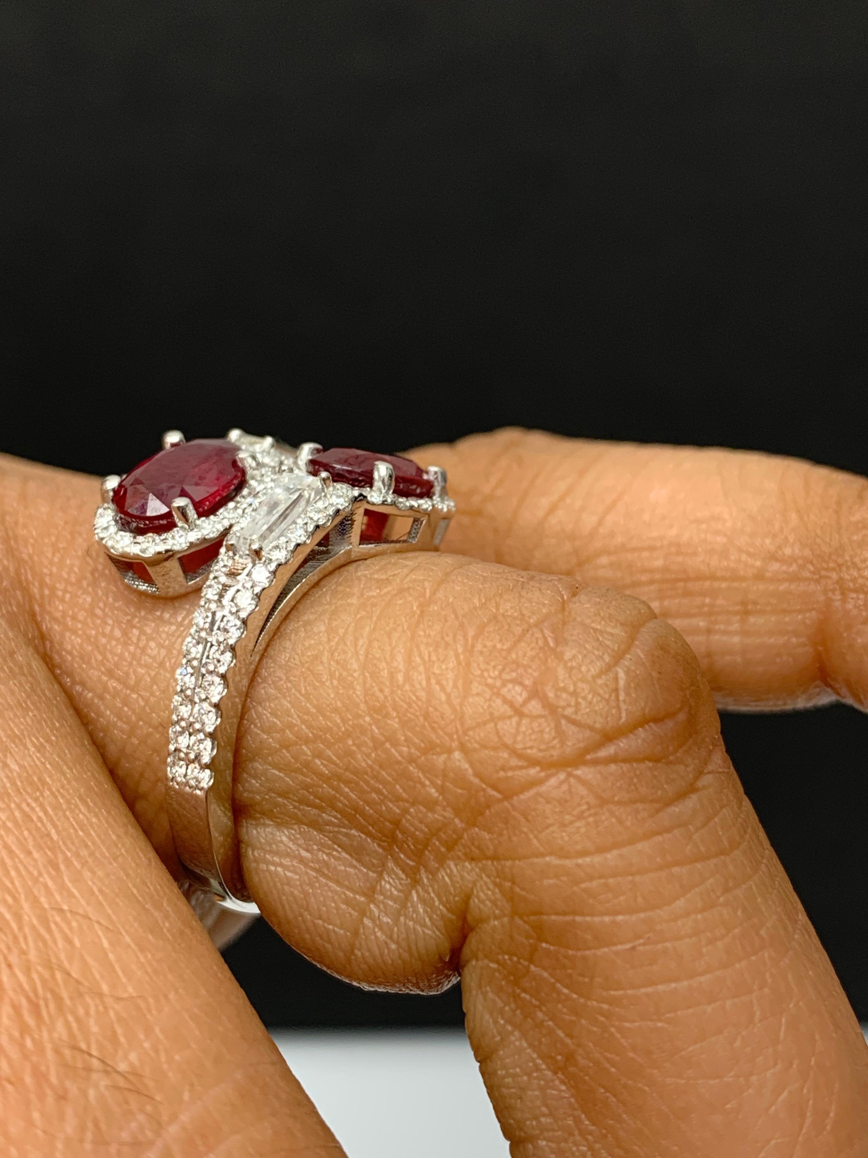 1.67 Carat Oval Cut Ruby Diamond Toi Et Moi Engagement Ring 14K White Gold For Sale 3