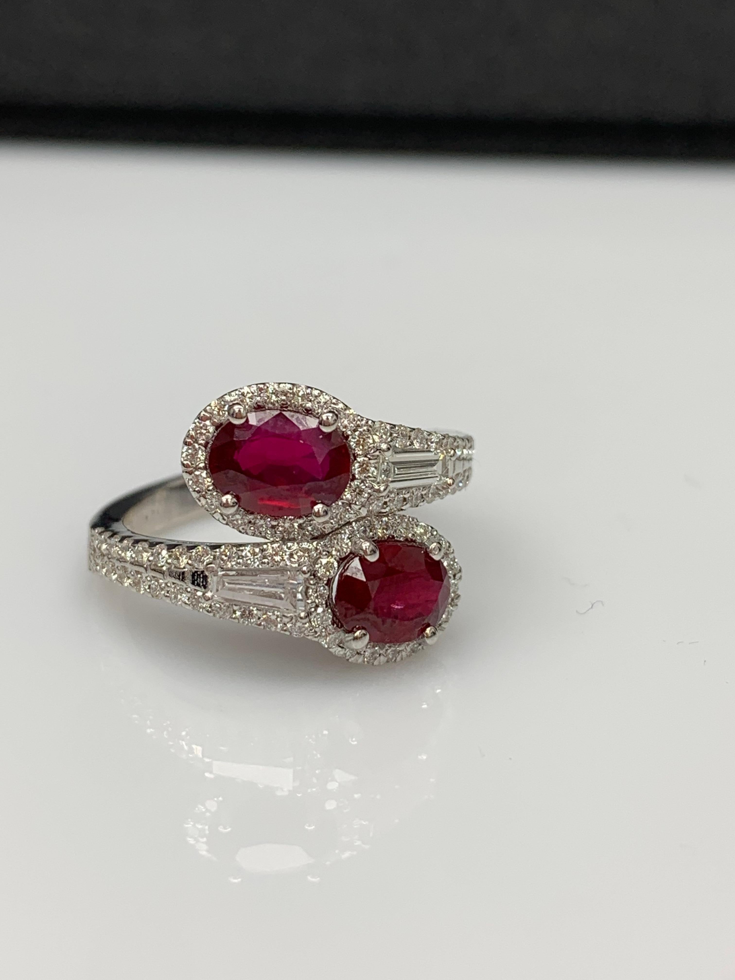 1.67 Carat Oval Cut Ruby Diamond Toi Et Moi Engagement Ring 14K White Gold For Sale 4