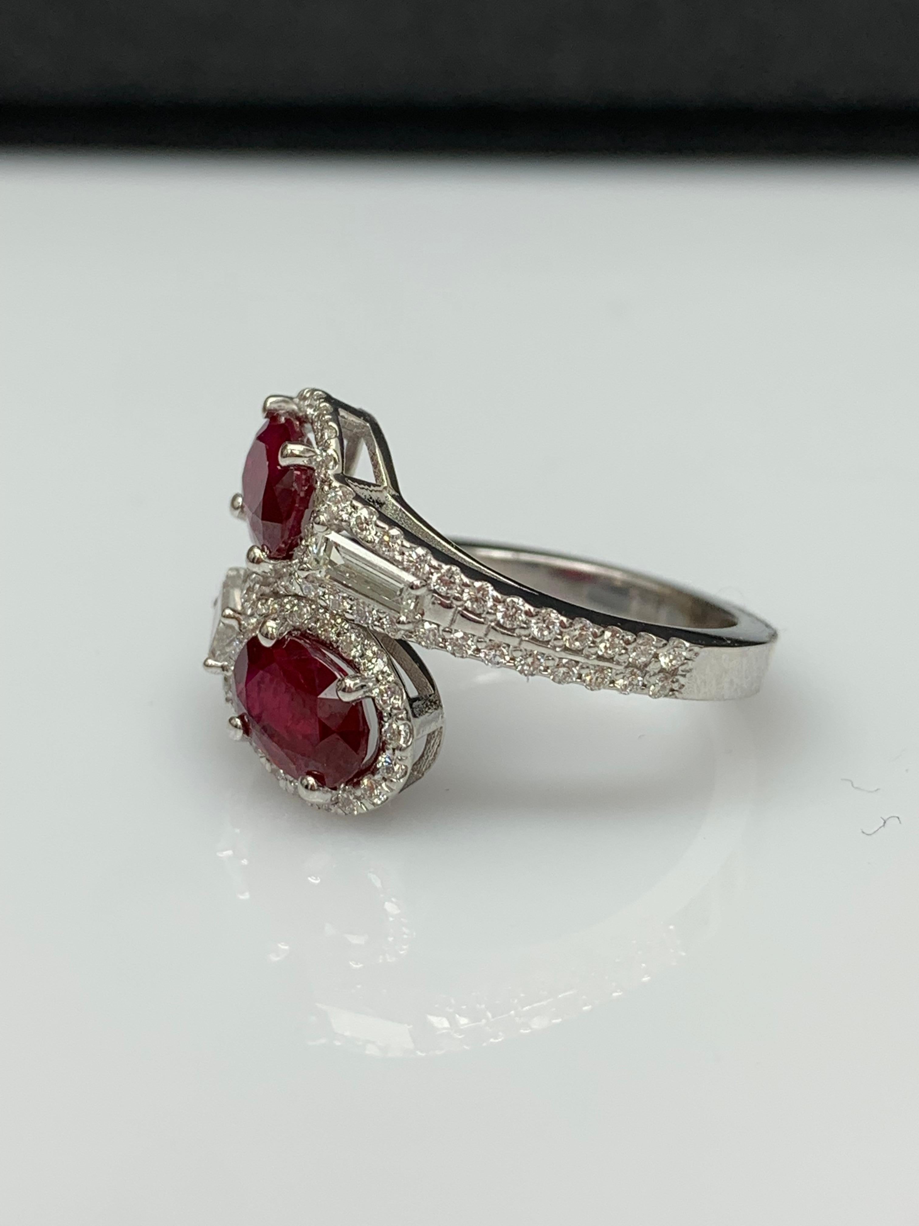 1.67 Carat Oval Cut Ruby Diamond Toi Et Moi Engagement Ring 14K White Gold For Sale 5