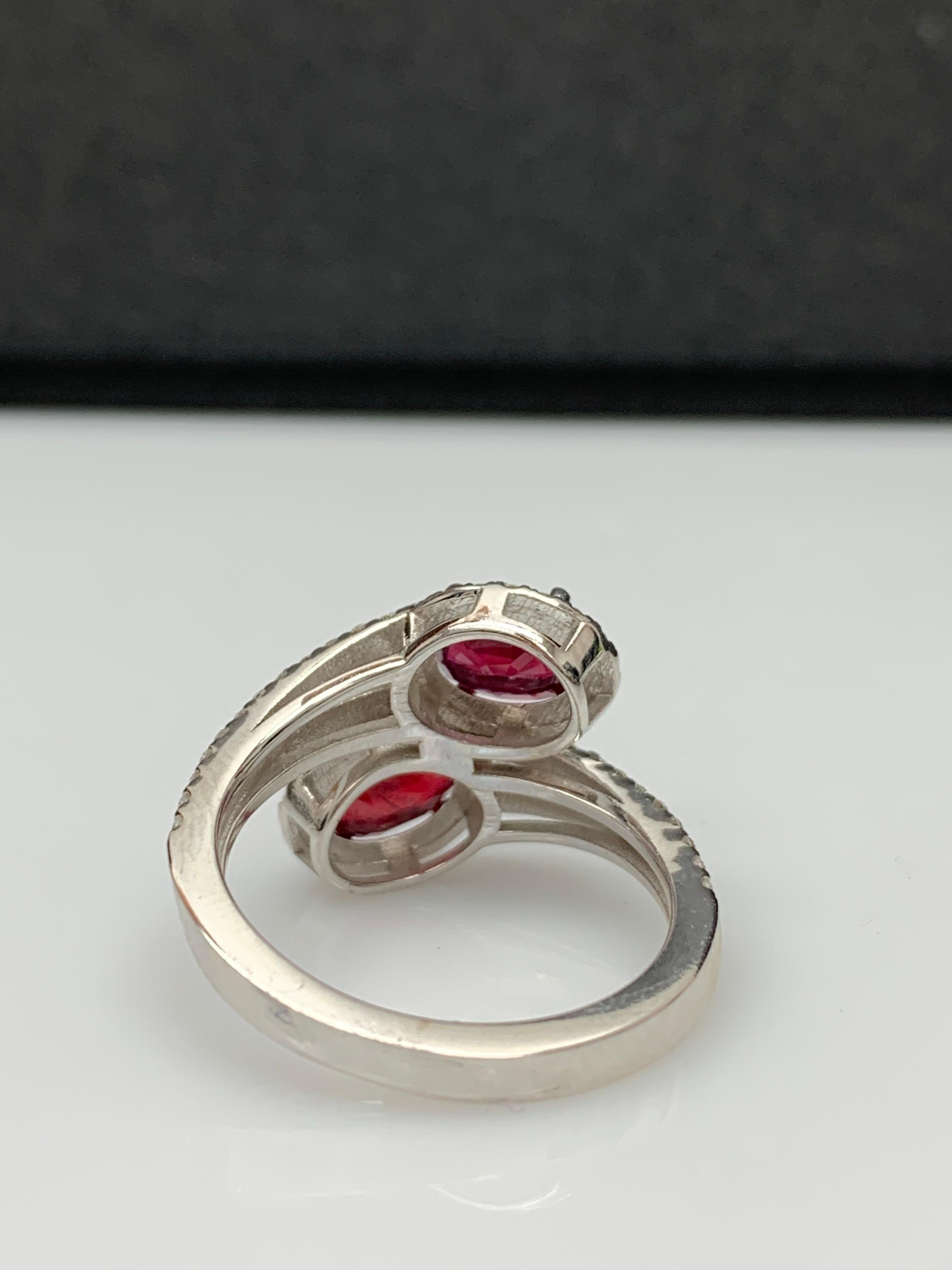 1.67 Carat Oval Cut Ruby Diamond Toi Et Moi Engagement Ring 14K White Gold For Sale 6