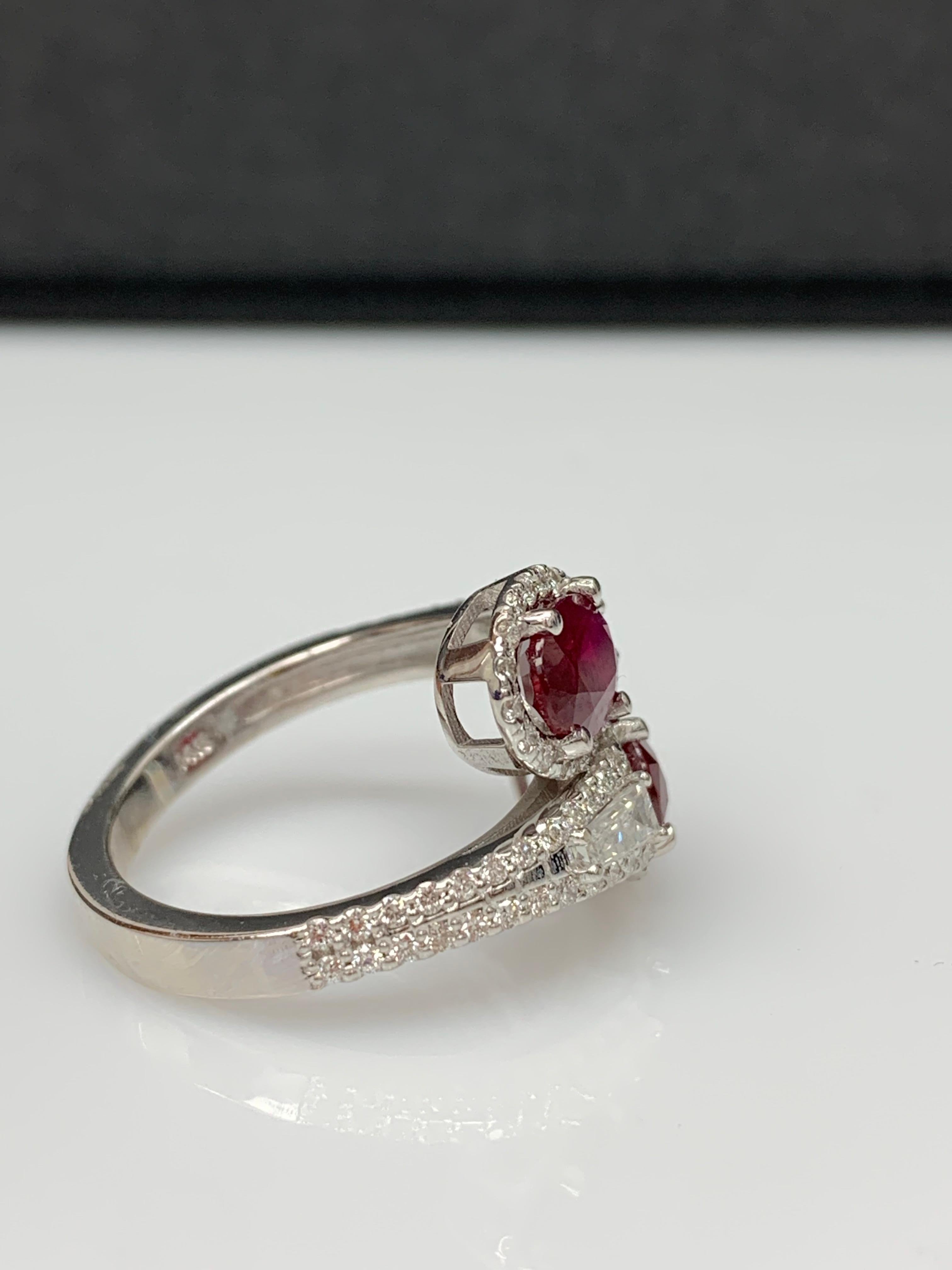 1.67 Carat Oval Cut Ruby Diamond Toi Et Moi Engagement Ring 14K White Gold For Sale 7
