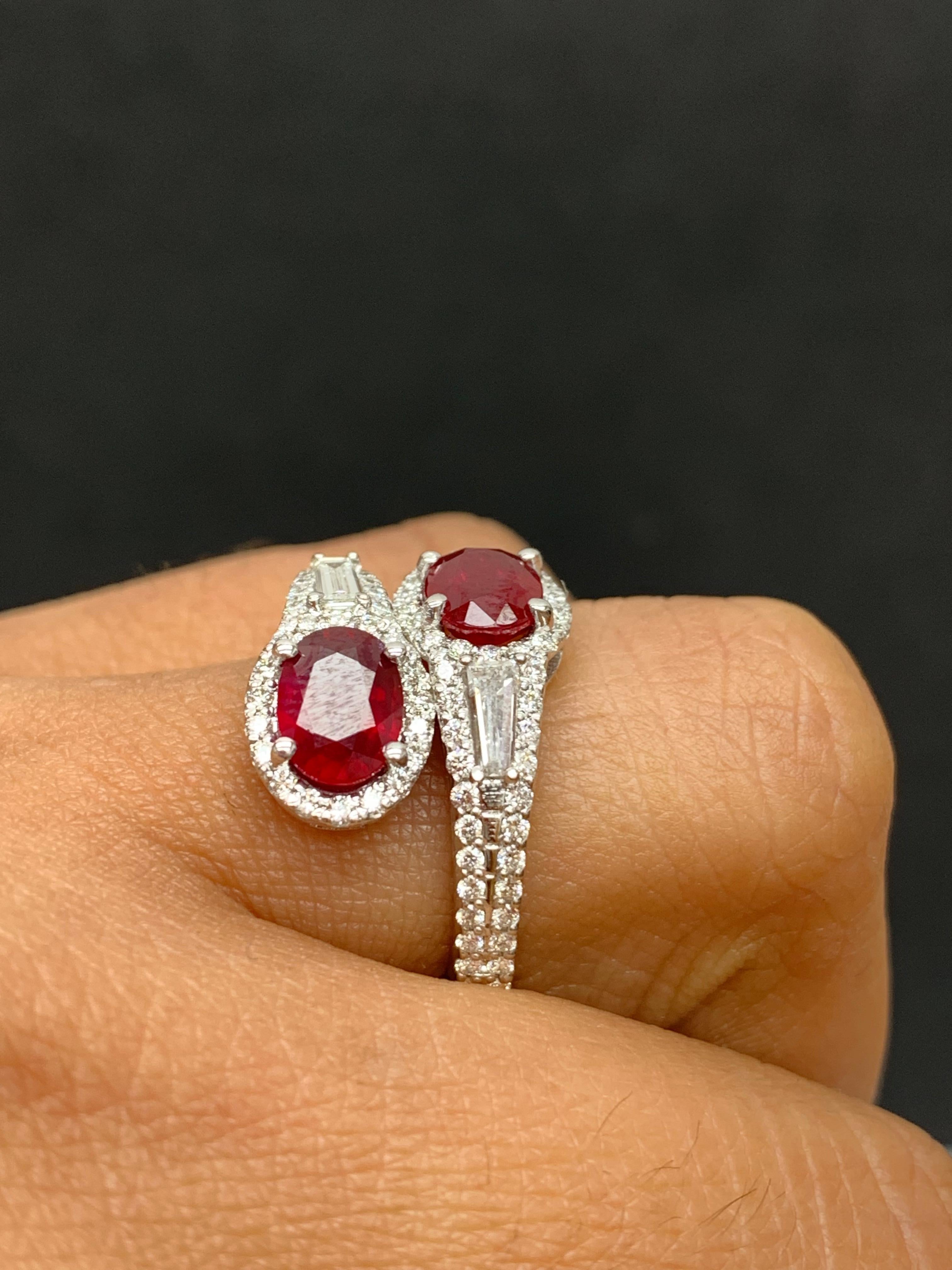 Modern 1.67 Carat Oval Cut Ruby Diamond Toi Et Moi Engagement Ring 14K White Gold For Sale