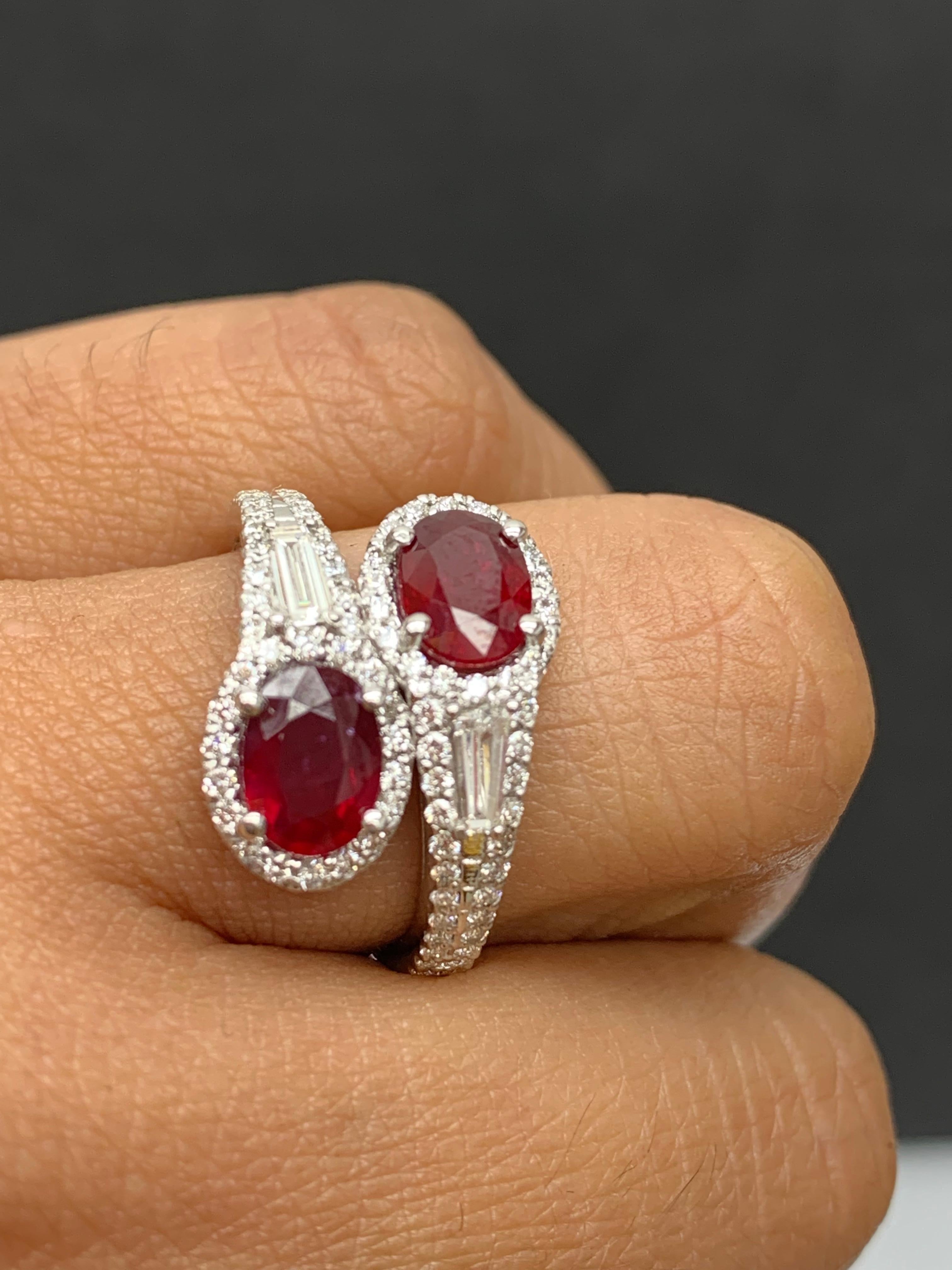 1.67 Carat Oval Cut Ruby Diamond Toi Et Moi Engagement Ring 14K White Gold In New Condition For Sale In NEW YORK, NY