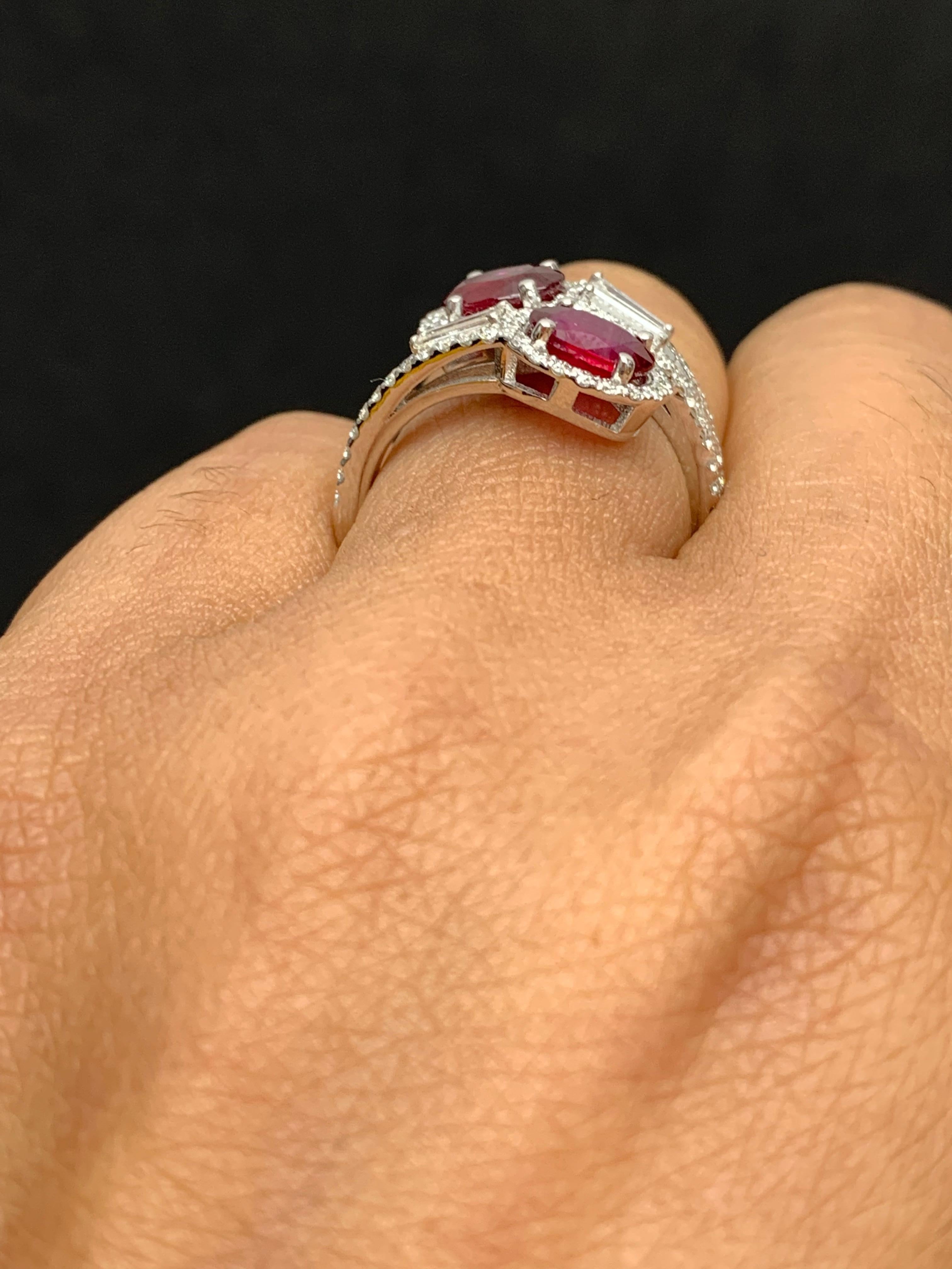 1.67 Carat Oval Cut Ruby Diamond Toi Et Moi Engagement Ring 14K White Gold For Sale 1
