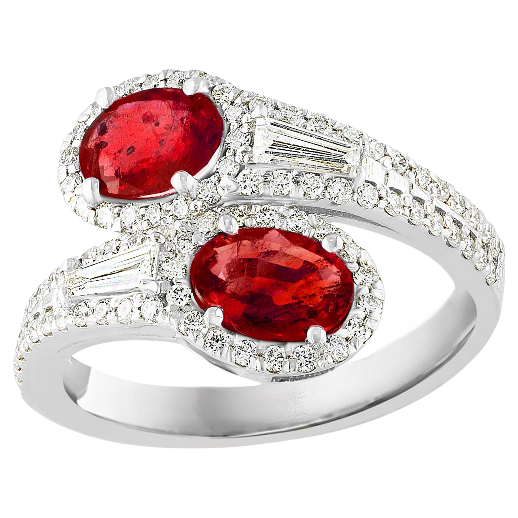 1.67 Carat Oval Cut Ruby Diamond Toi Et Moi Engagement Ring 14K White Gold For Sale