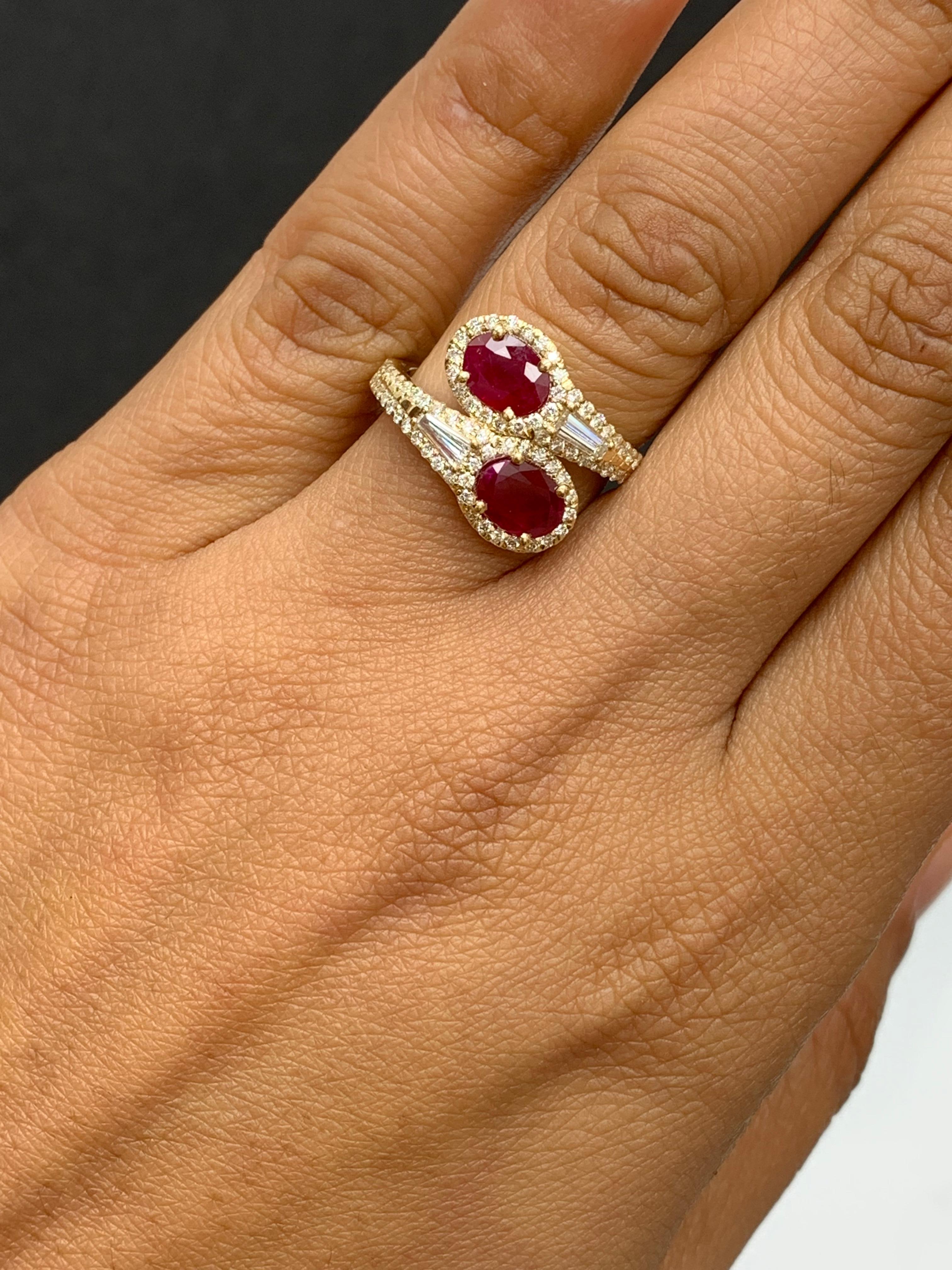 1.67 Carat Oval Cut Ruby Diamond Toi Et Moi Engagement Ring 14K Yellow Gold For Sale 4