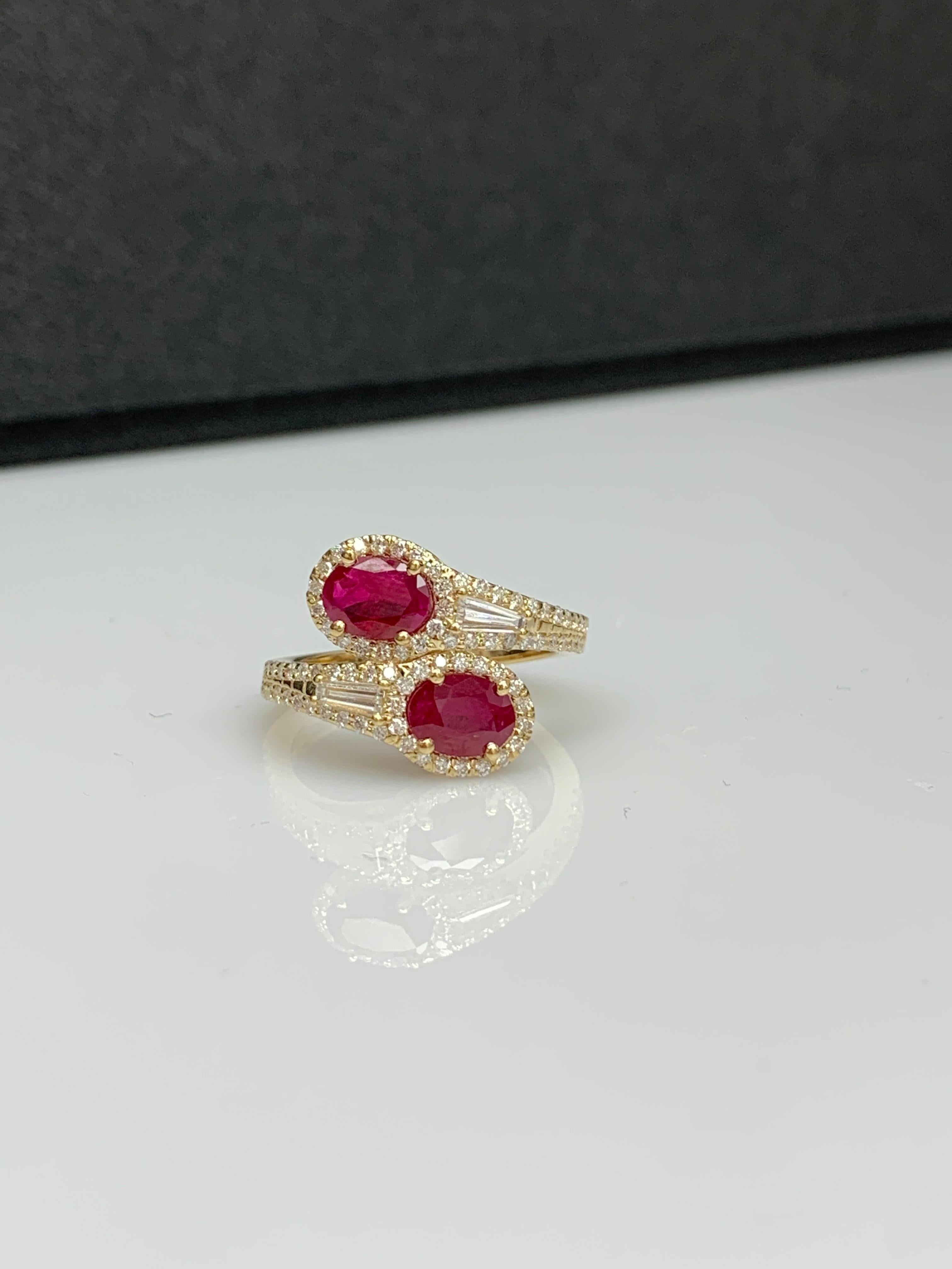 1.67 Carat Oval Cut Ruby Diamond Toi Et Moi Engagement Ring 14K Yellow Gold For Sale 5