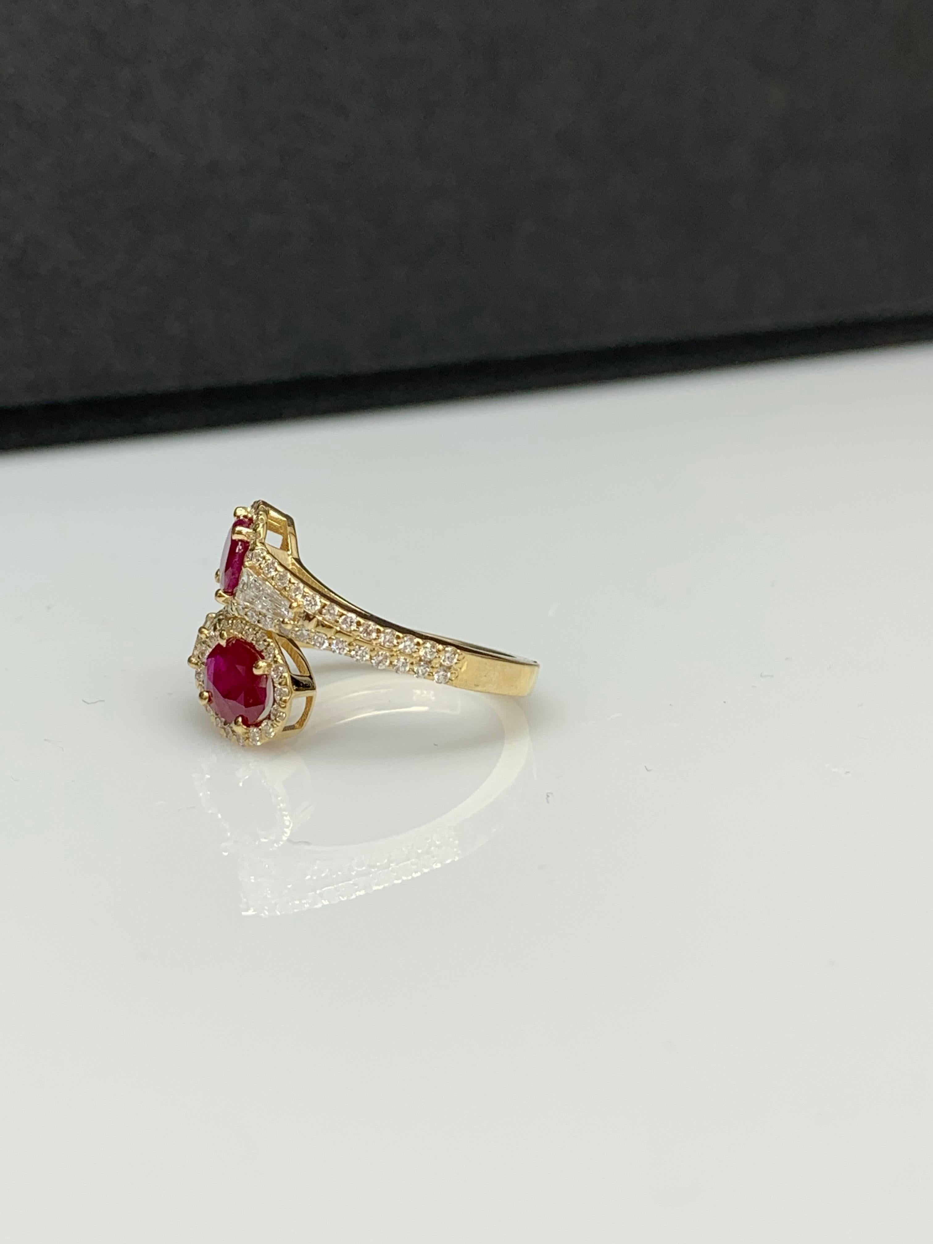 1.67 Carat Oval Cut Ruby Diamond Toi Et Moi Engagement Ring 14K Yellow Gold For Sale 6