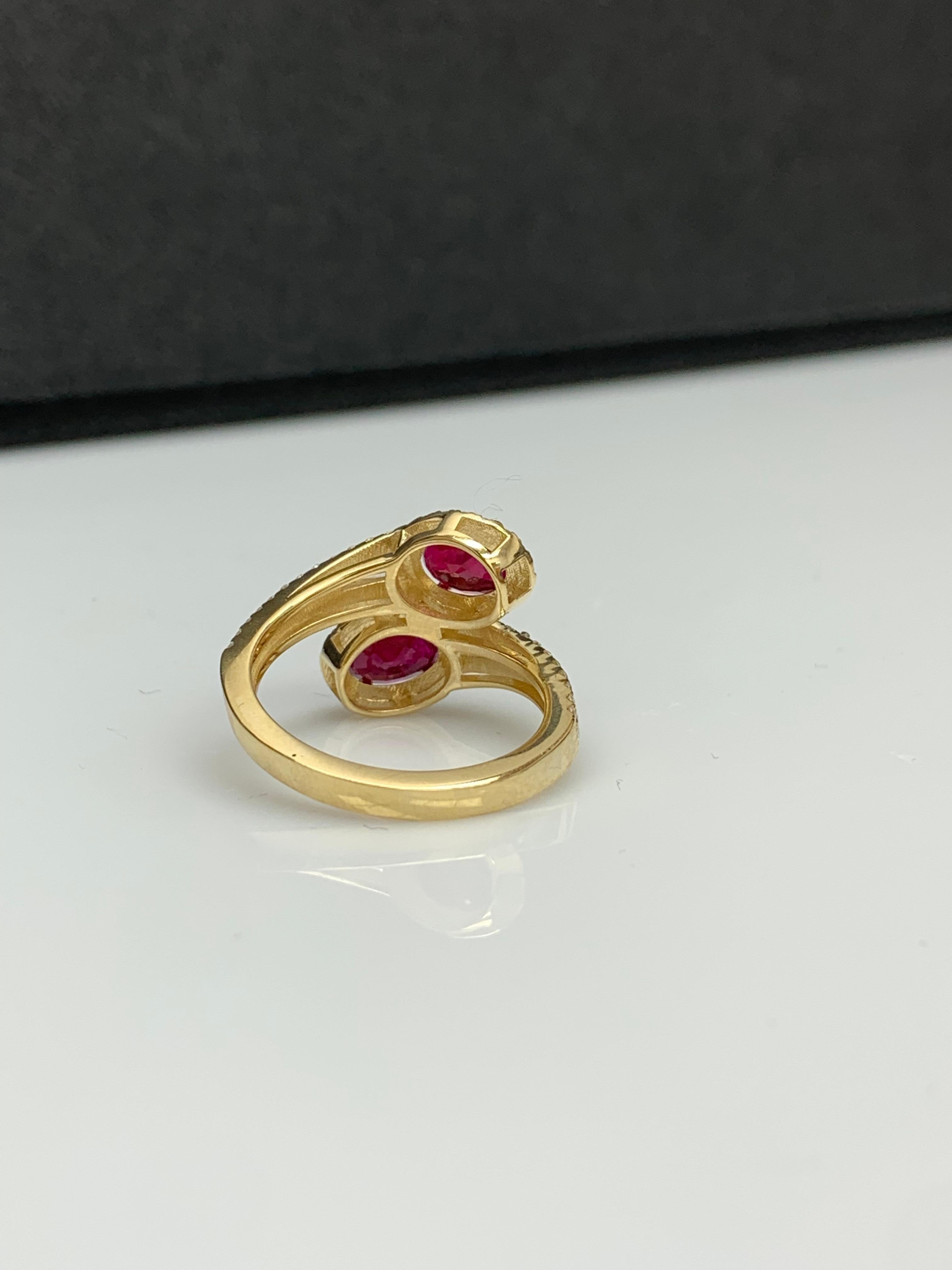 1.67 Carat Oval Cut Ruby Diamond Toi Et Moi Engagement Ring 14K Yellow Gold For Sale 7