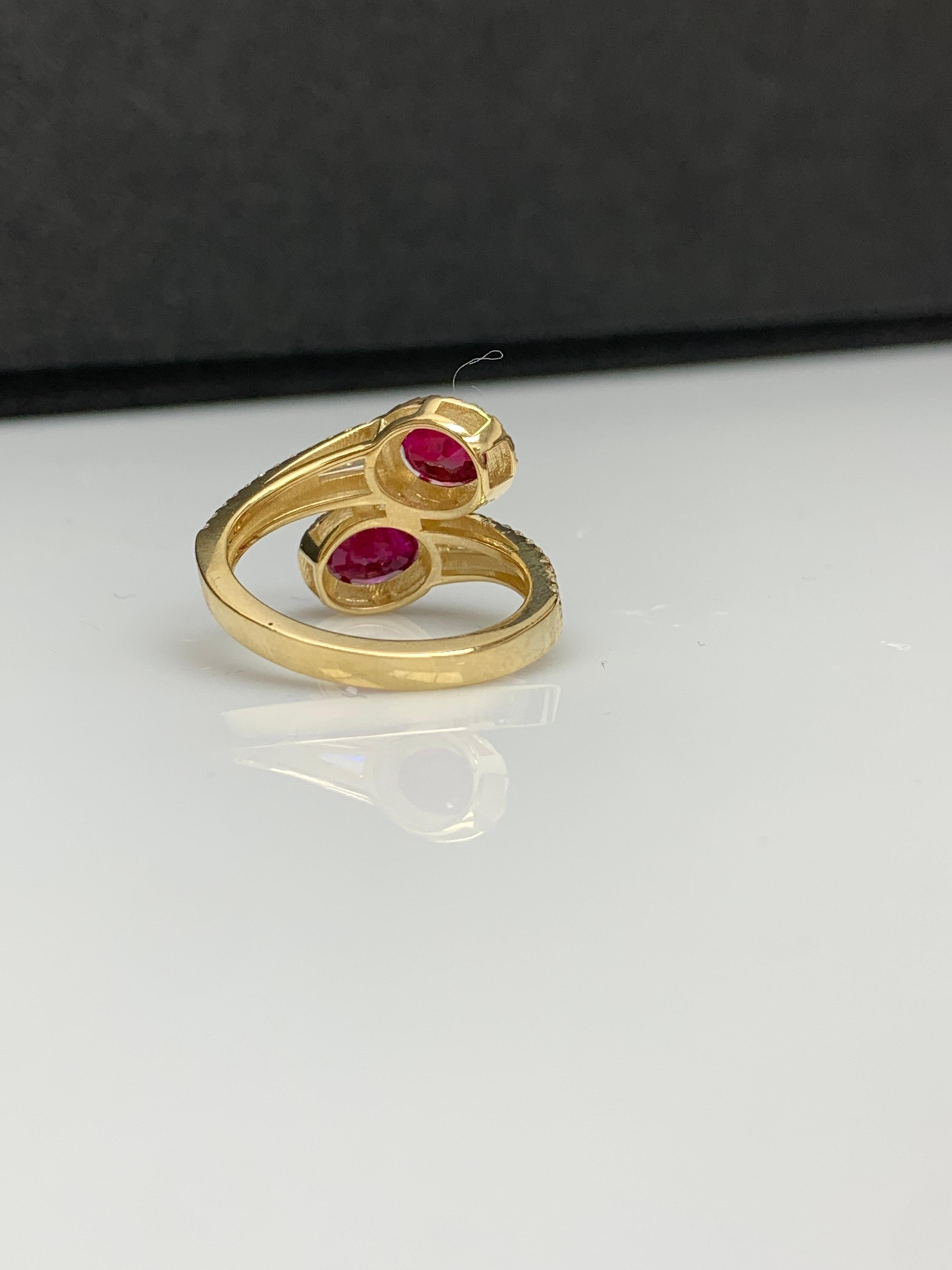 1.67 Carat Oval Cut Ruby Diamond Toi Et Moi Engagement Ring 14K Yellow Gold For Sale 8