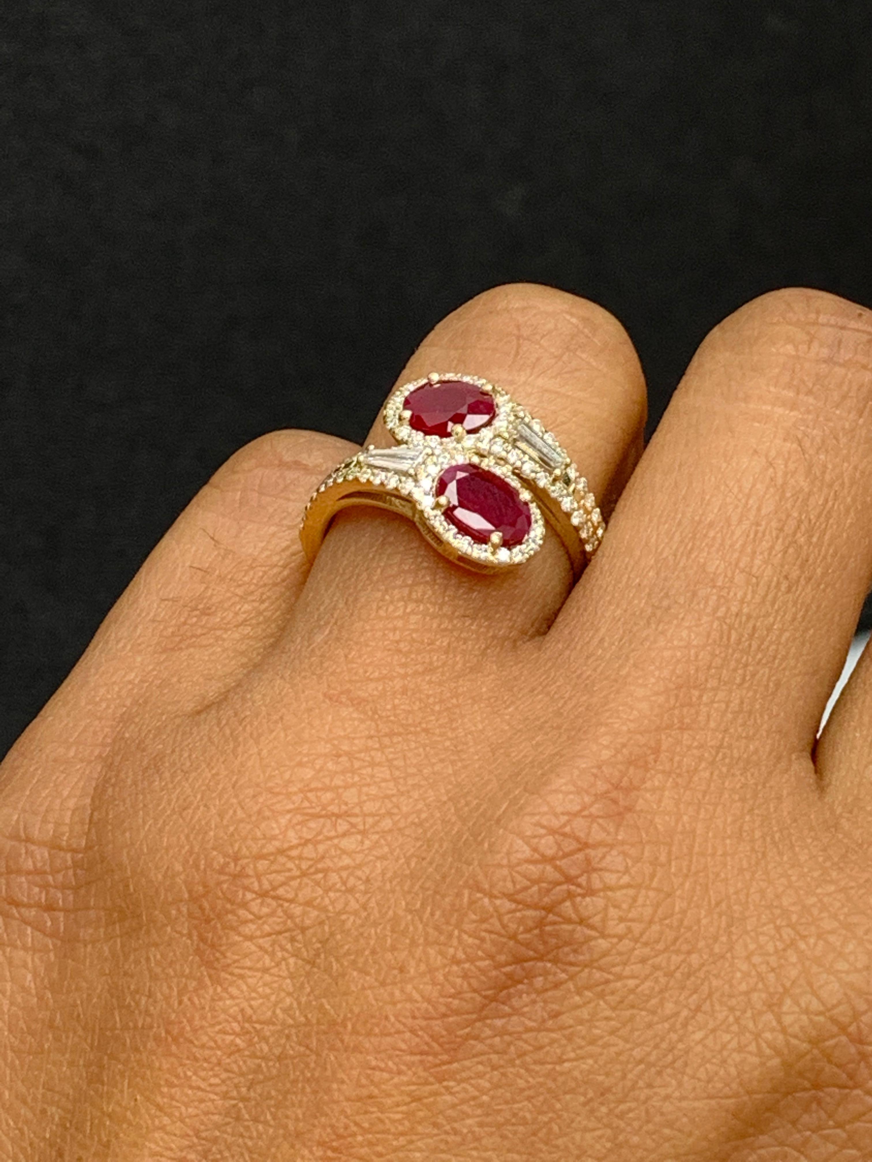 Modern 1.67 Carat Oval Cut Ruby Diamond Toi Et Moi Engagement Ring 14K Yellow Gold For Sale