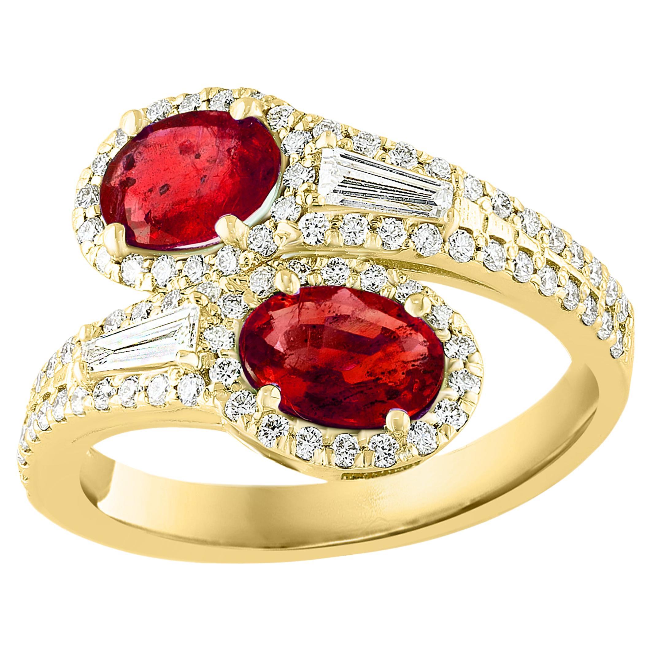 1.67 Carat Oval Cut Ruby Diamond Toi Et Moi Engagement Ring 14K Yellow Gold For Sale