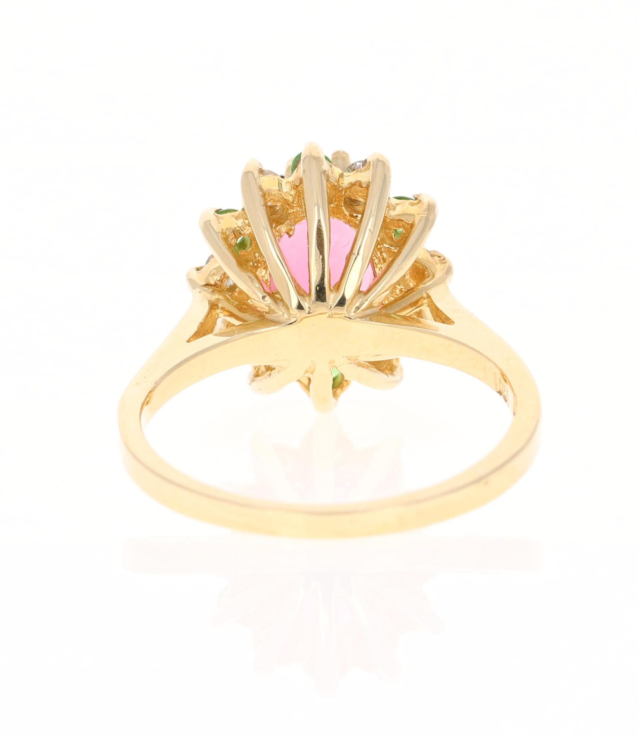 Oval Cut 1.97 Carat Pink Tourmaline Tsavorite Diamond Yellow Gold Ring For Sale