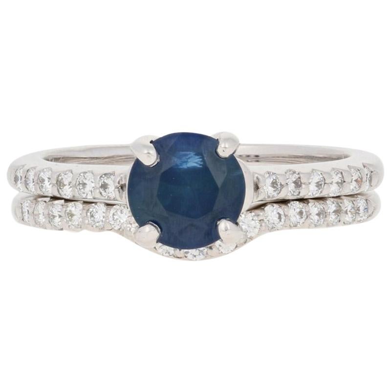 1.67 Carat Round Cut Sapphire and Diamond Ring and Wedding Band 14 Karat Gold For Sale