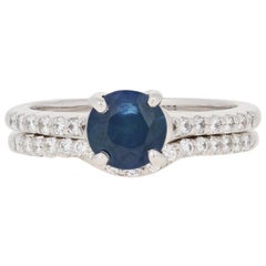 1.67 Carat Round Cut Sapphire and Diamond Ring and Wedding Band 14 Karat Gold