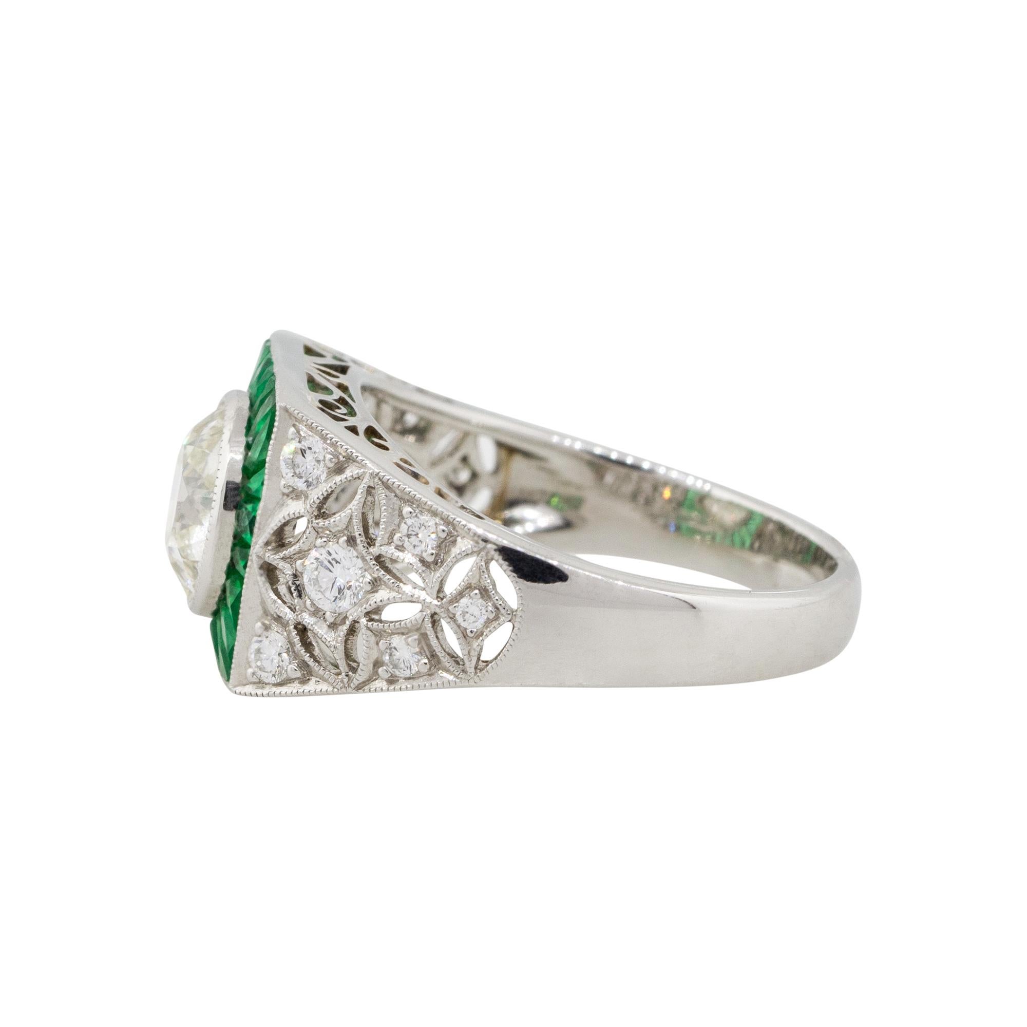 Round Cut 1.67 Carat Round Diamond Center Wide Ring with Emeralds Platinum in Stock