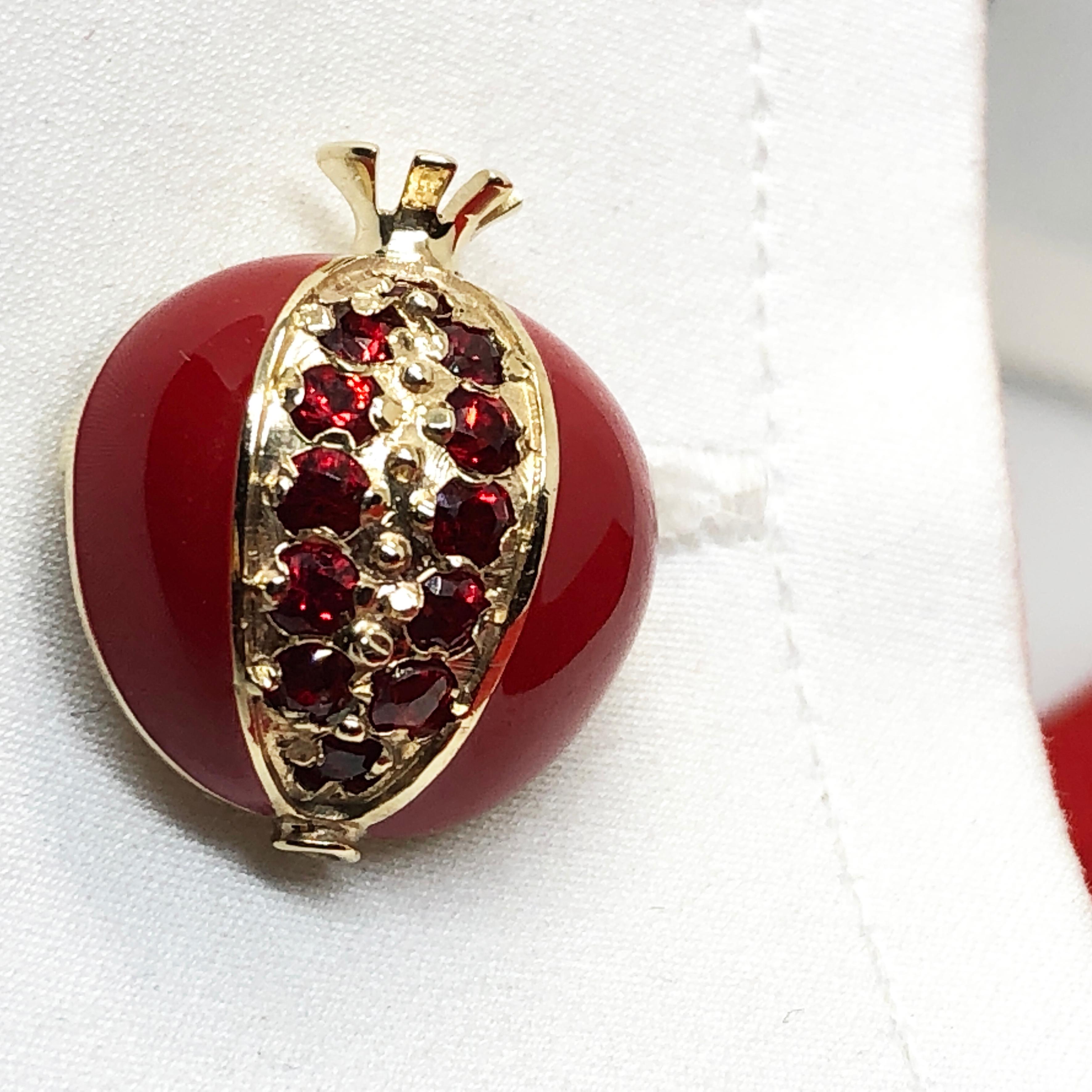 Berca 1.67 Karat Ruby Red Enamel Pomegranate Rock Crystal Back Gold Cufflinks 6