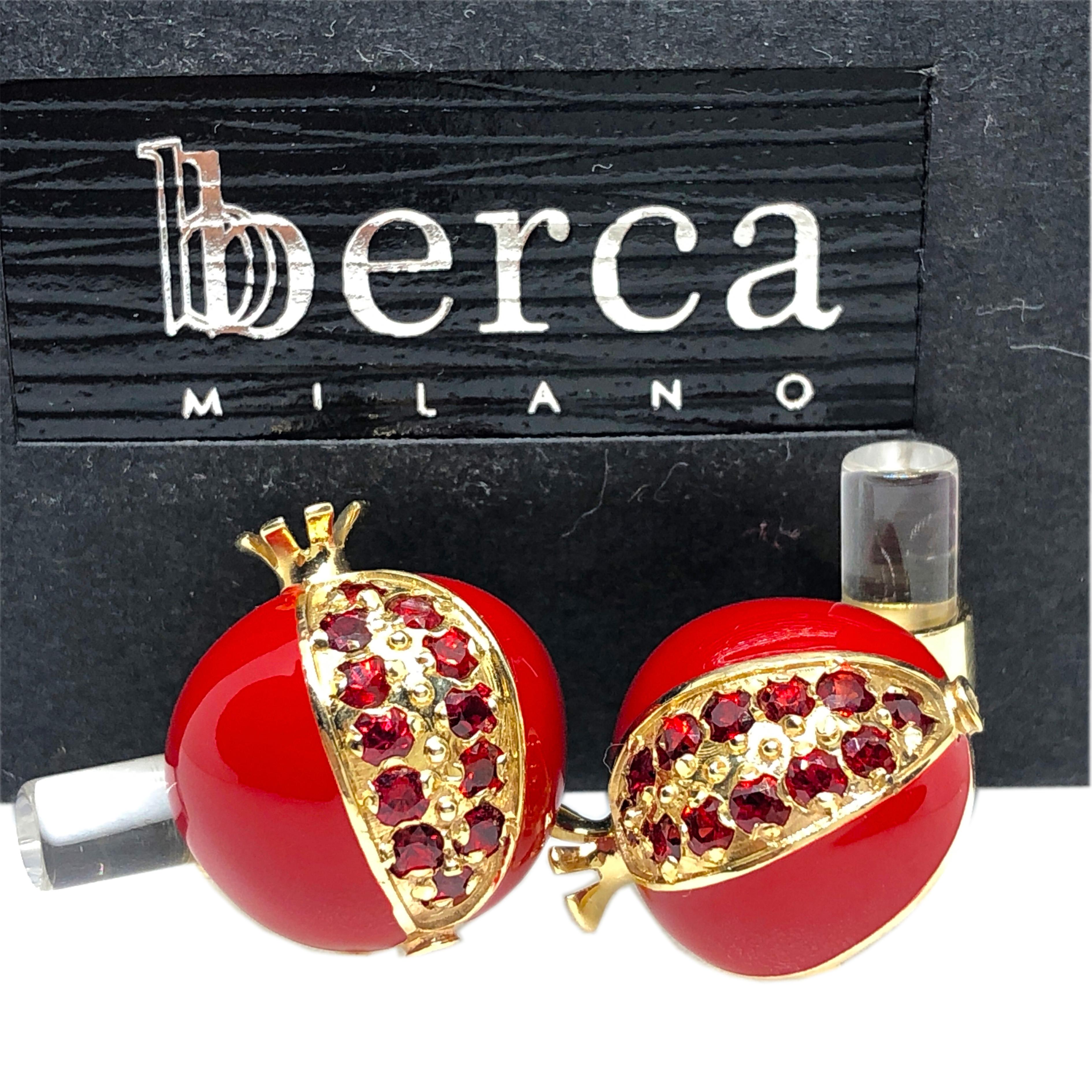 Unique, absolutely chic Red Hand Enamelled Pomegranate Shaped Cufflinks featuring 1.67 Carat Natural Ruby  in a yellow gold setting, rock crystal Hand Inlaid Stick back. Since antiquity Pomegranates have symbolized fertility, beauty, power and