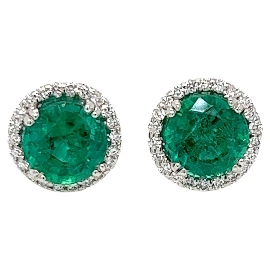 1.67 Carats Emerald and Diamond Stud Earrings in 18k White Gold For Sale