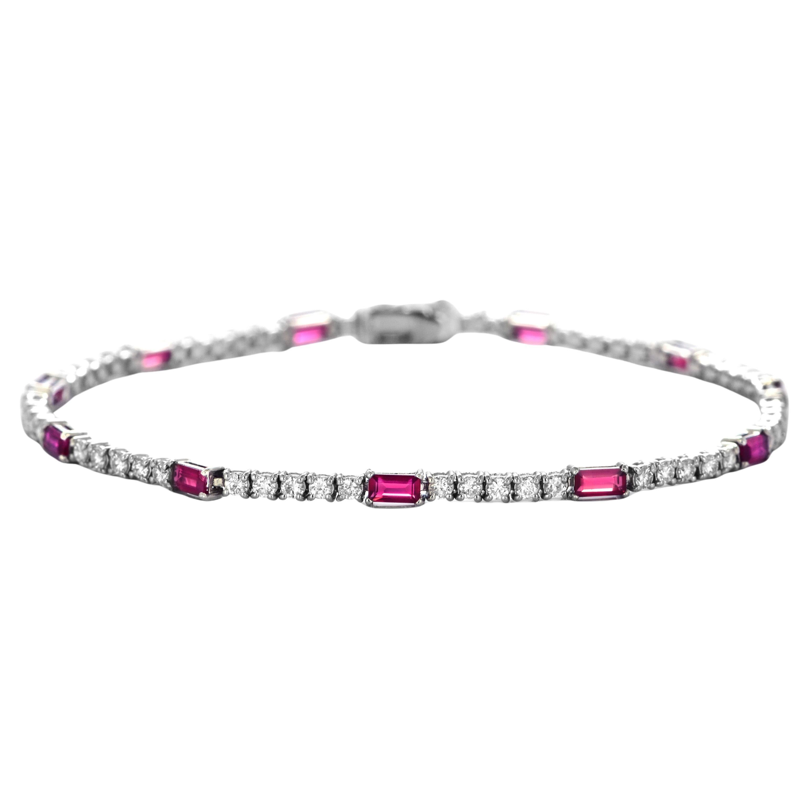 1.67 Carats Natural Unheated Rubies 
Diamonds Tennis Bracelet Made in Platinum