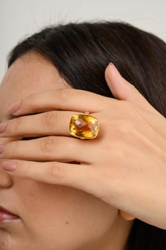 16.7 CTW Checker Cut Citrine Cocktail Ring Set in 18k Solid Yellow Gold Settings