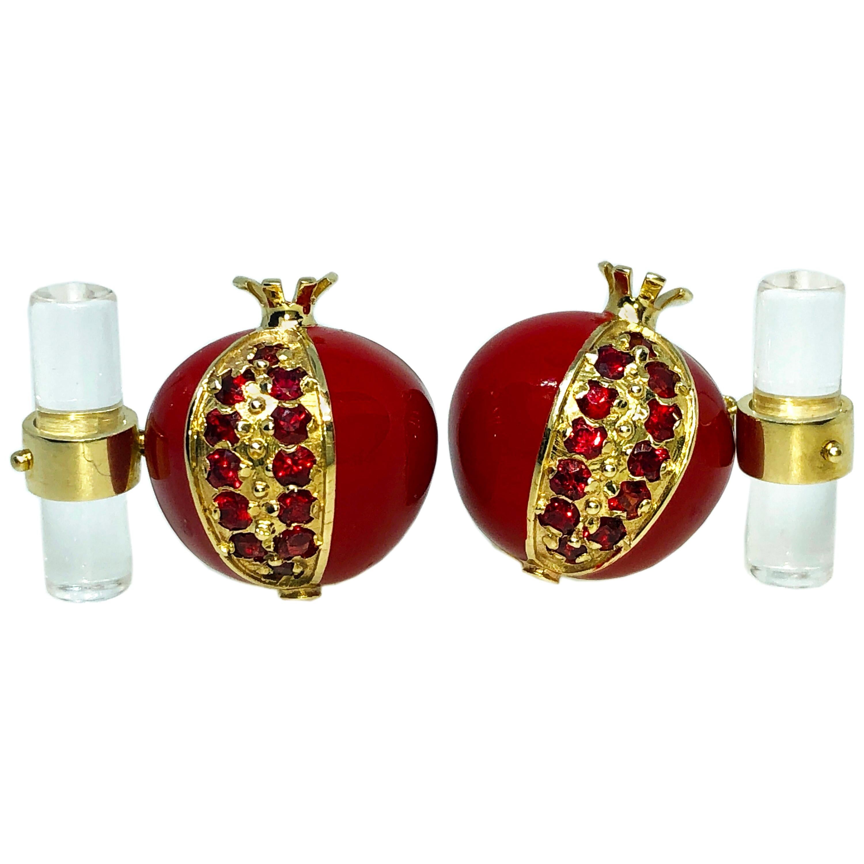 Berca 1.67 Karat Ruby Red Enamel Pomegranate Rock Crystal Back Gold Cufflinks