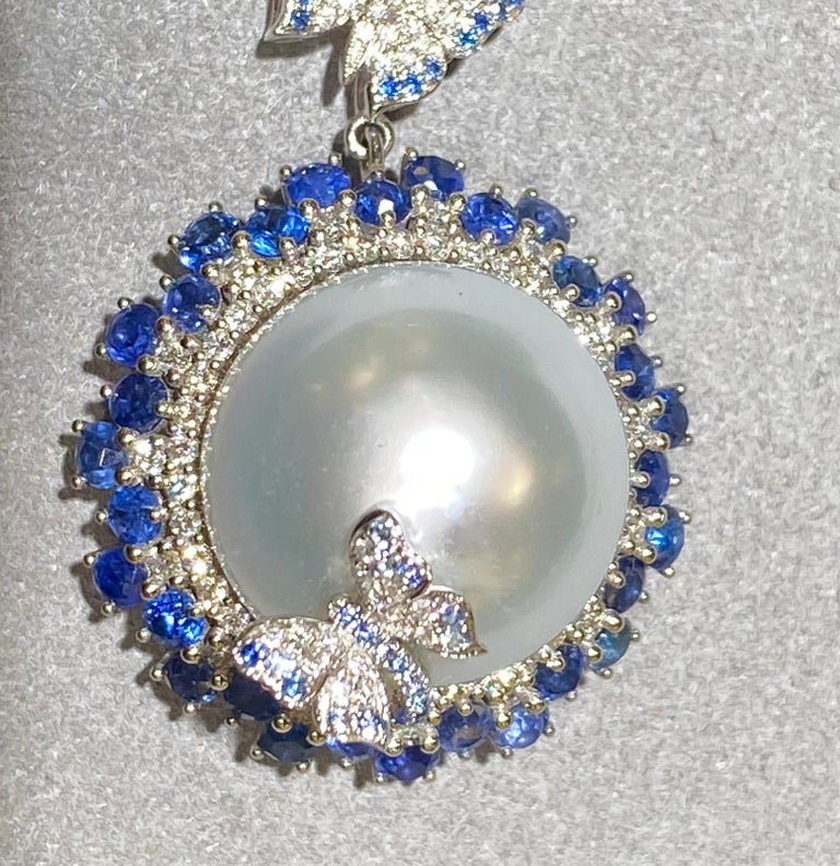 Brilliant Cut South Sea Pearl, Blue Sapphire and Diamond Pendant in 18k Gold For Sale