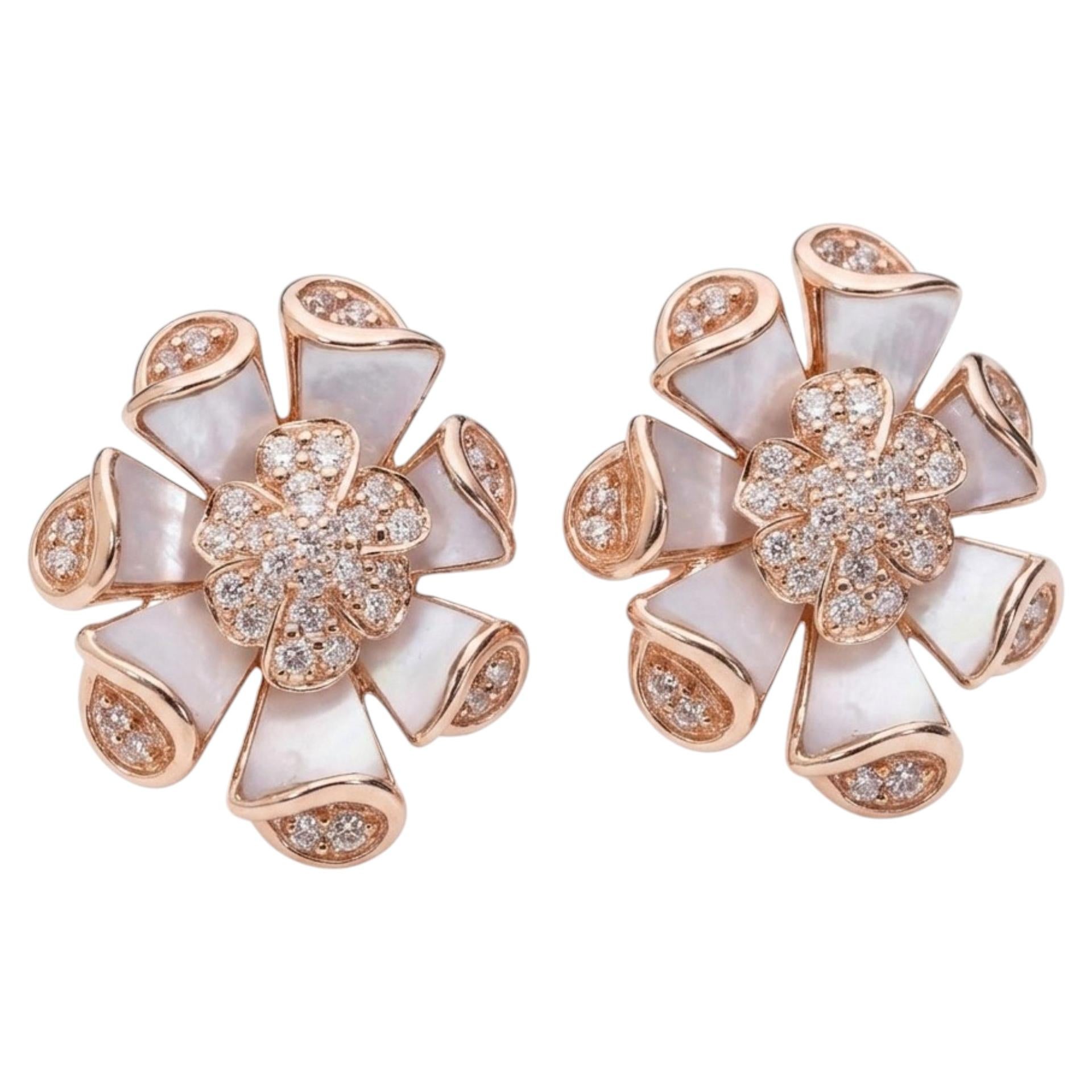 14k Rose Gold Floral Stud Earrings with Diamond & Mother of Pearl